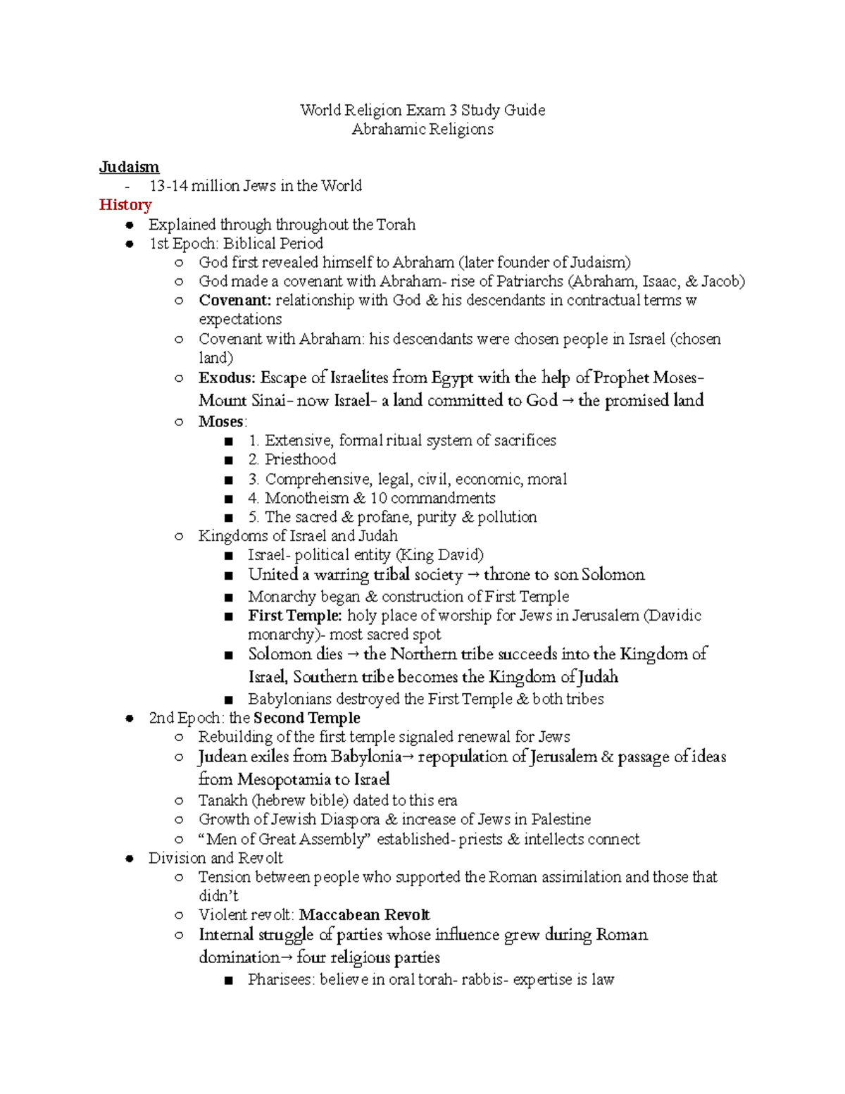World Religion Exam 3 Study Guide: Focus on Abrahamic Faiths - Studocu