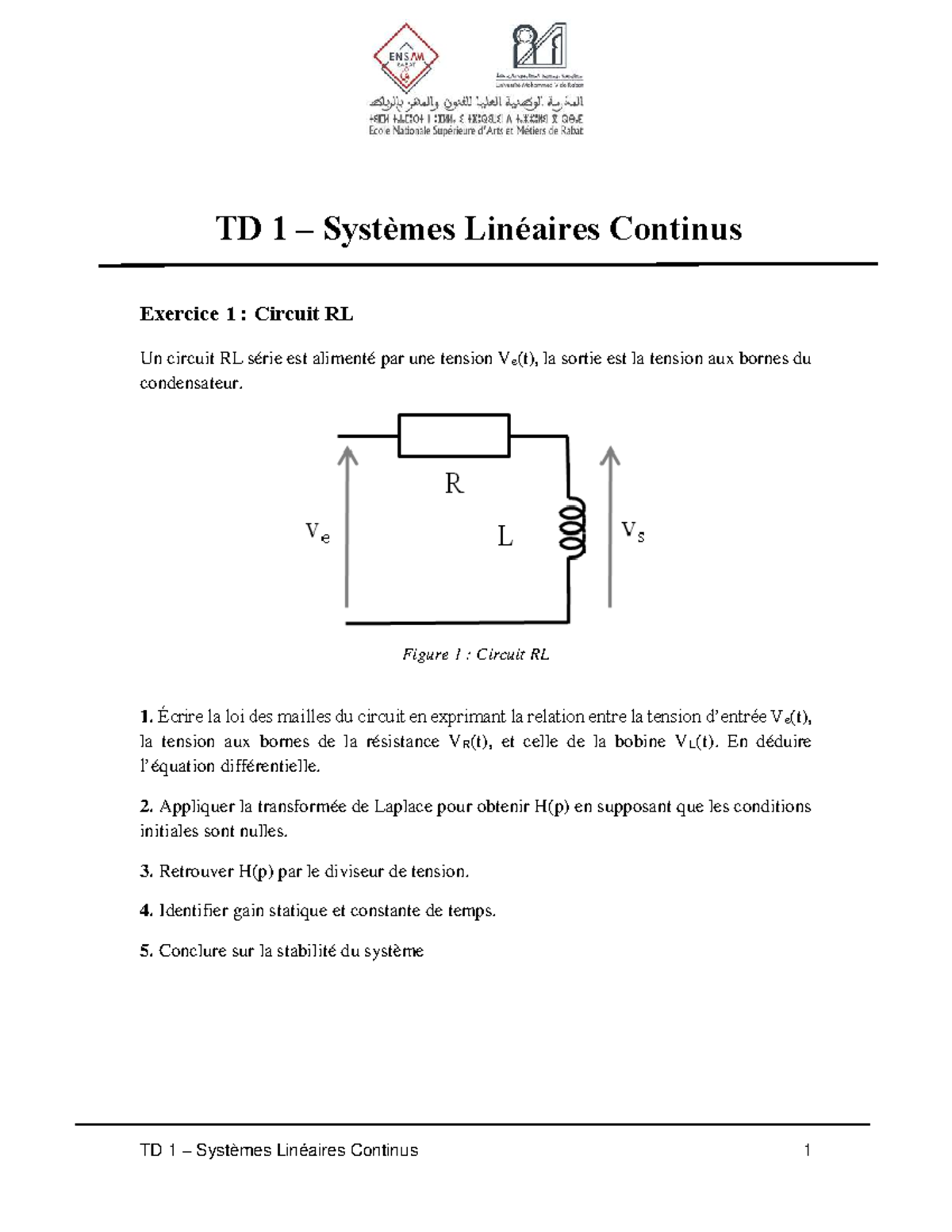 TD 1 Systèmes Linéaires Continus - Exercices sur Circuits RL et RLC ...