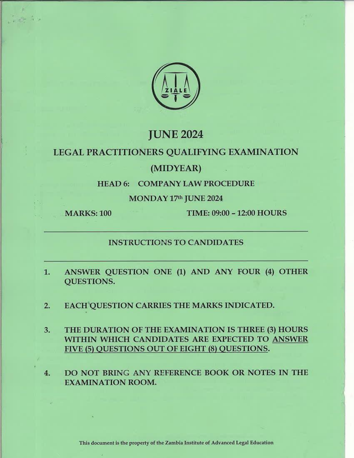 ZIALE JUNE 2024 LEGAL PRACTITIONERS QUALIFYING EXAM: COMPANY LAW - Studocu