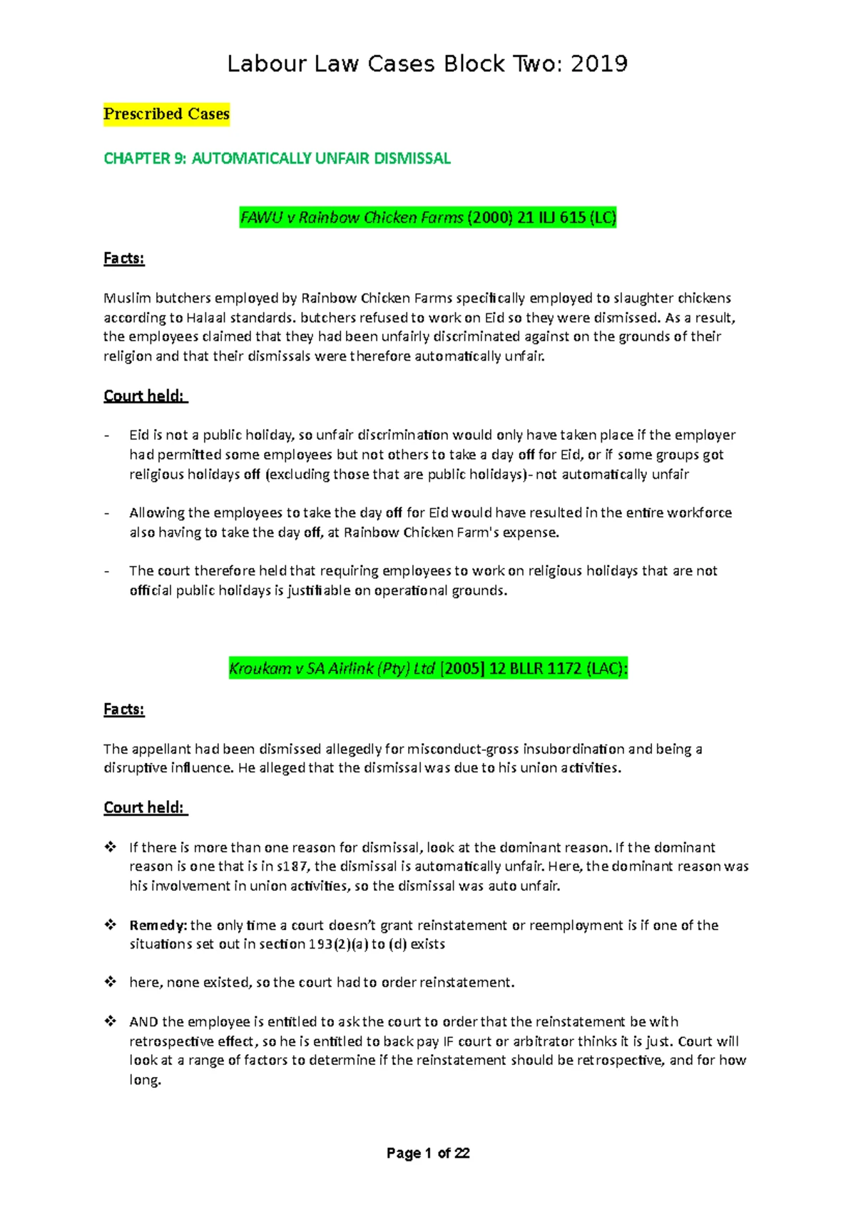 Unfair Dismissals and Labour Practices: LRA S185 & S186 Overview - Studocu