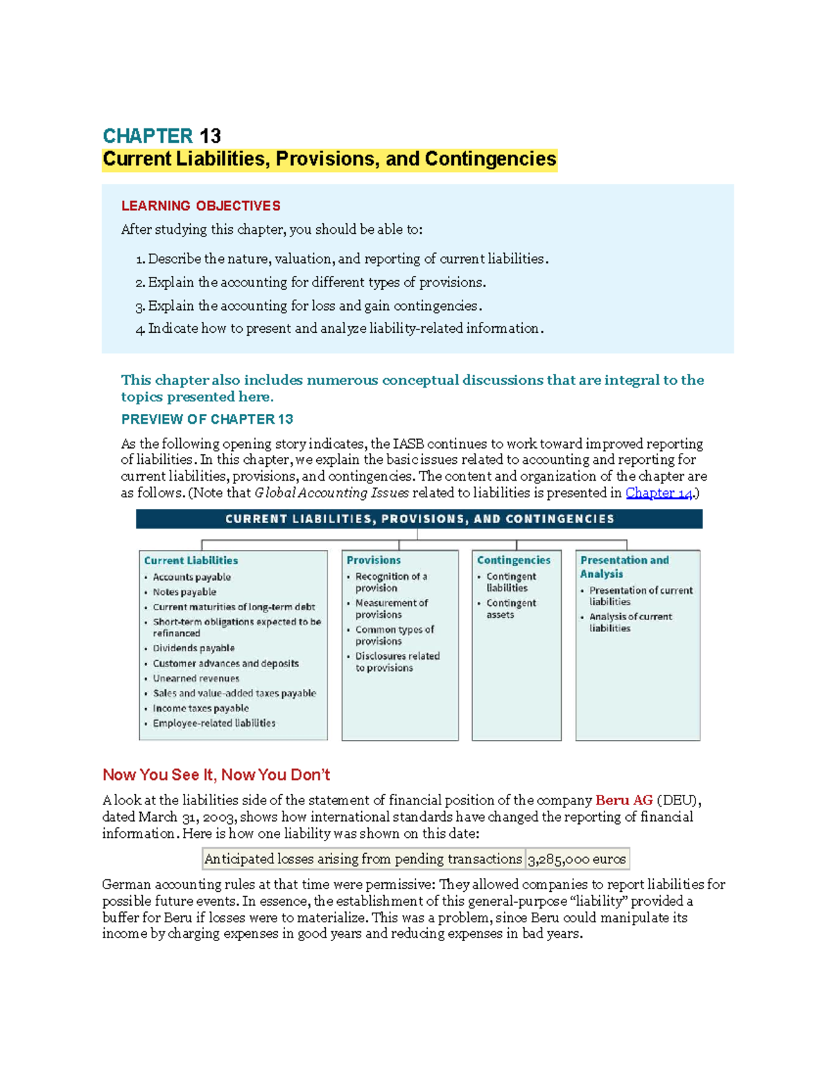 CHAPTER 13 Current Liabilities, Provisions, and Contingencies Overview ...