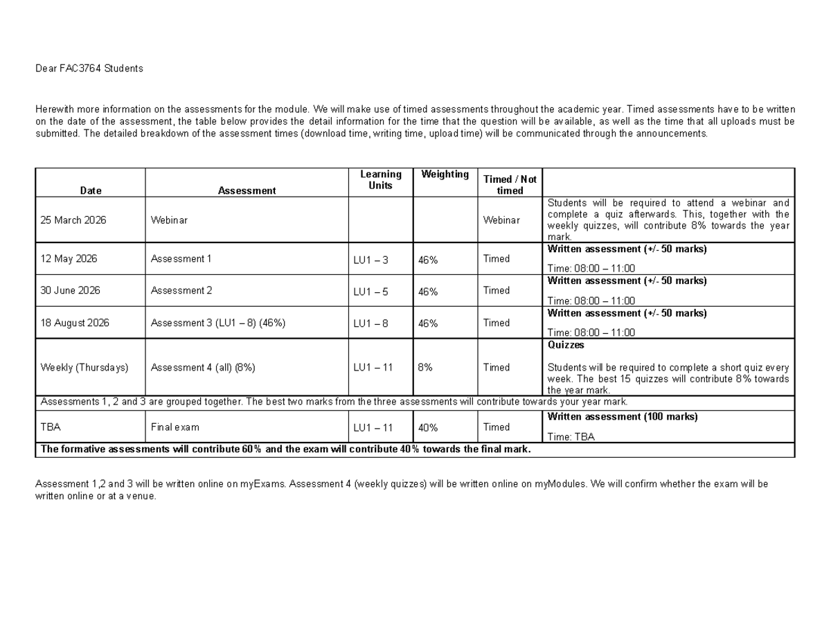 Assessment Plan for FAC3764: Timed Assessments Overview 2026 - Studocu