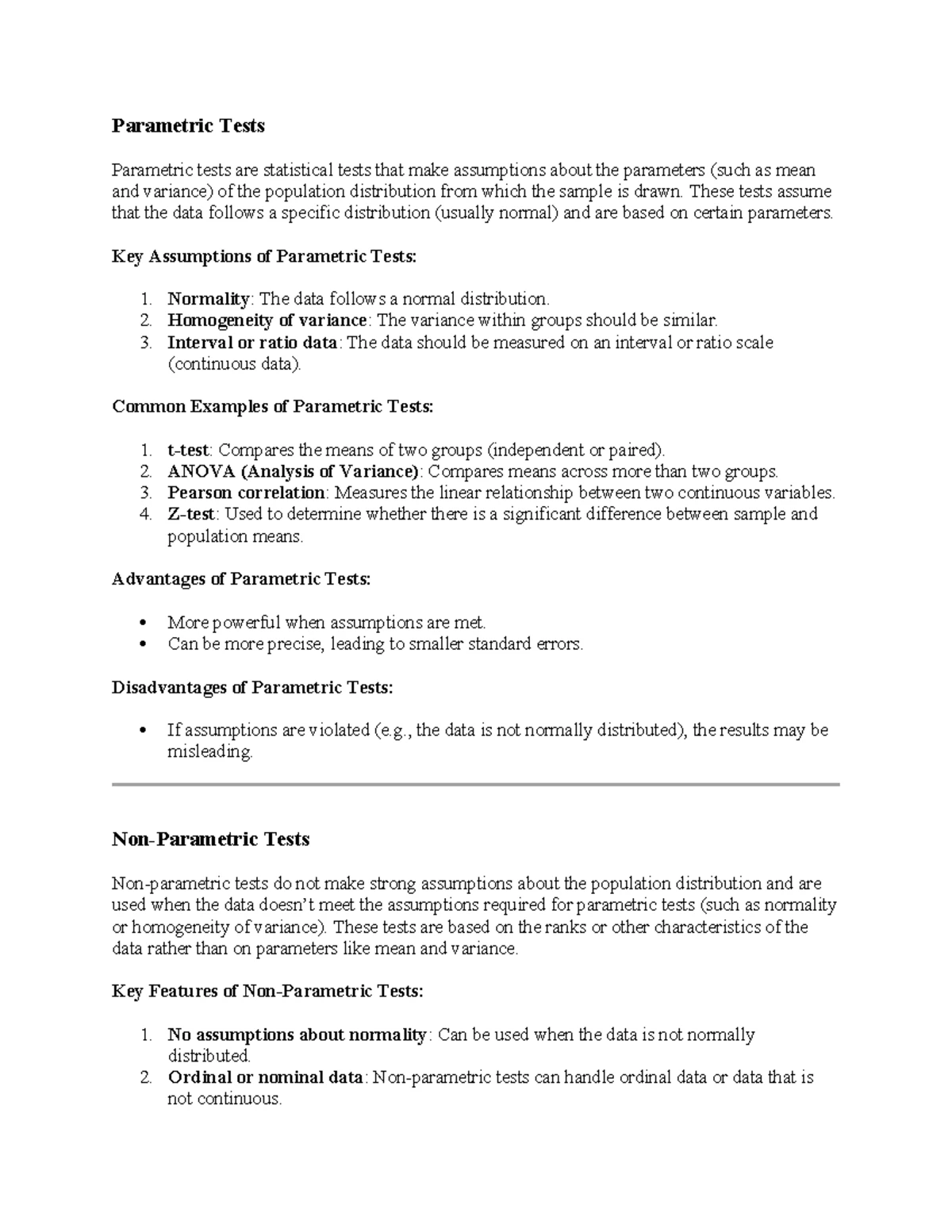 Comparative Analysis of Parametric and Non-Parametric Tests - Studocu