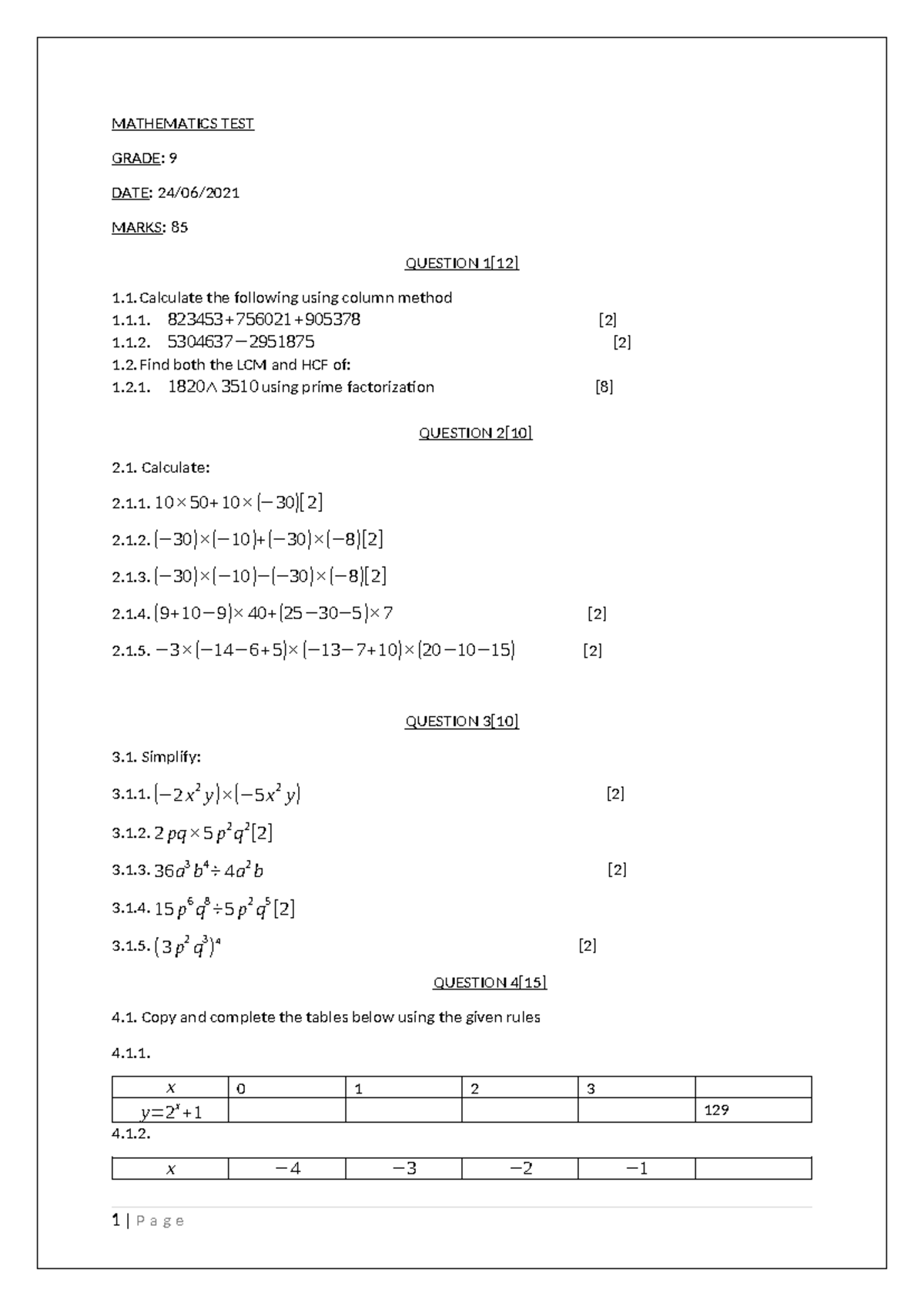 Mathematics Grade 9 Test Questions and Solutions - Studocu