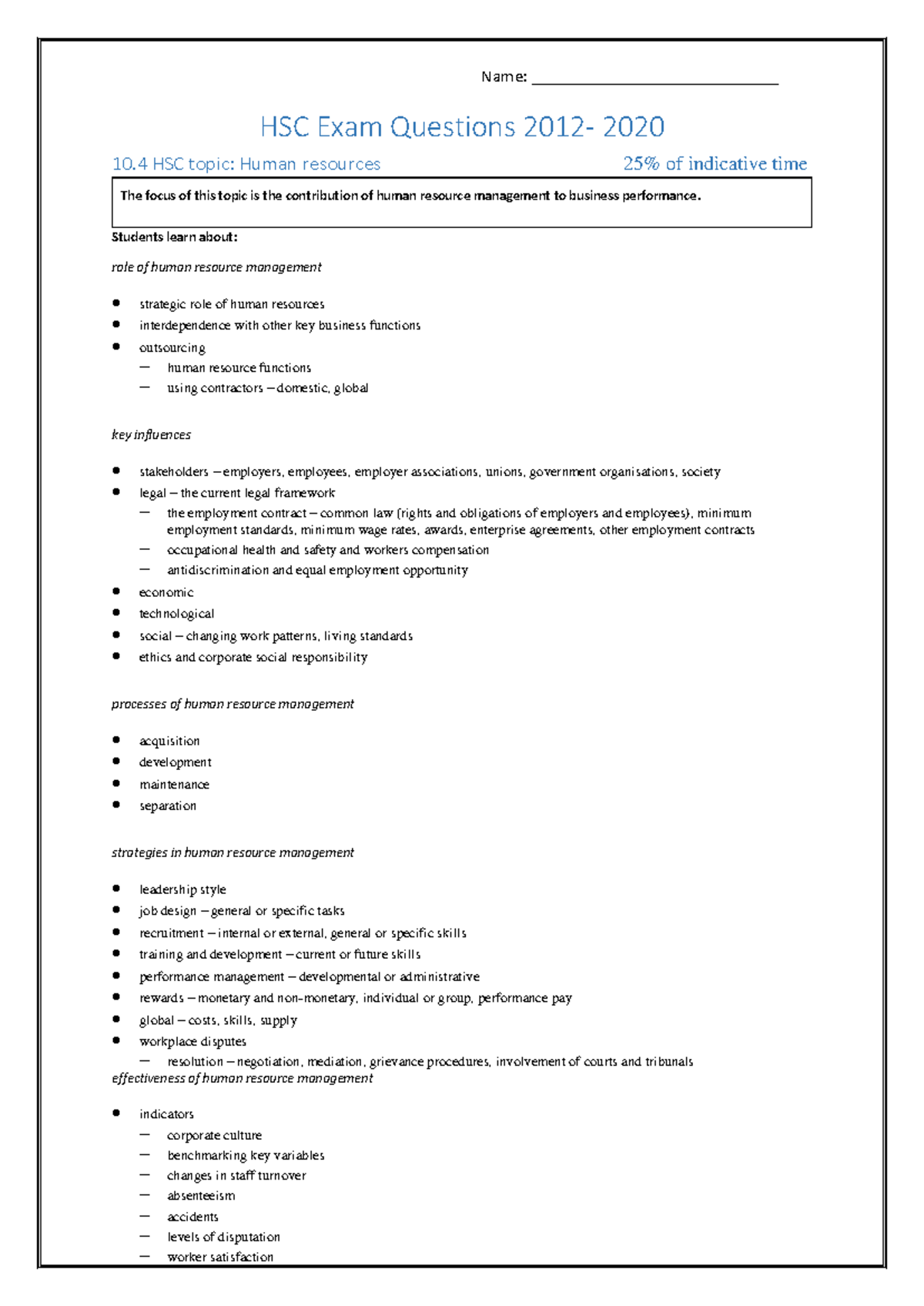 HSC Human Resources Exam Questions (2012-2020) Study Guide - Studocu