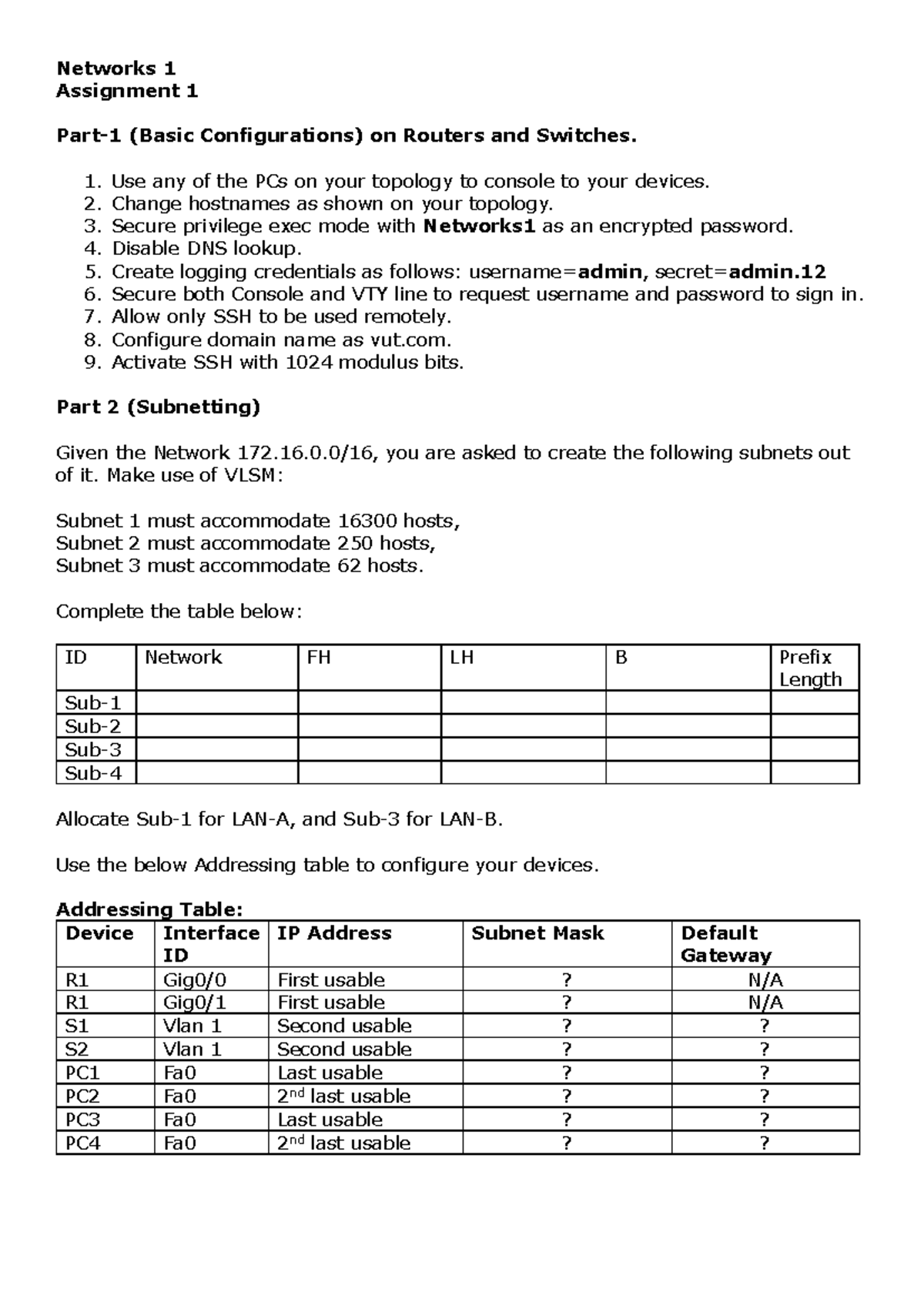 Networks 1 - Assignment 1: Router & Switch Config and Subnetting - Studocu