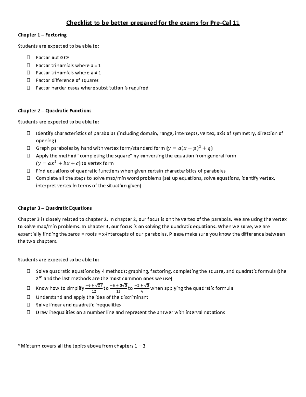 Pre-Cal 11 Midterm Exam Prep Checklist: Chapters 1-3 Topics - Studocu