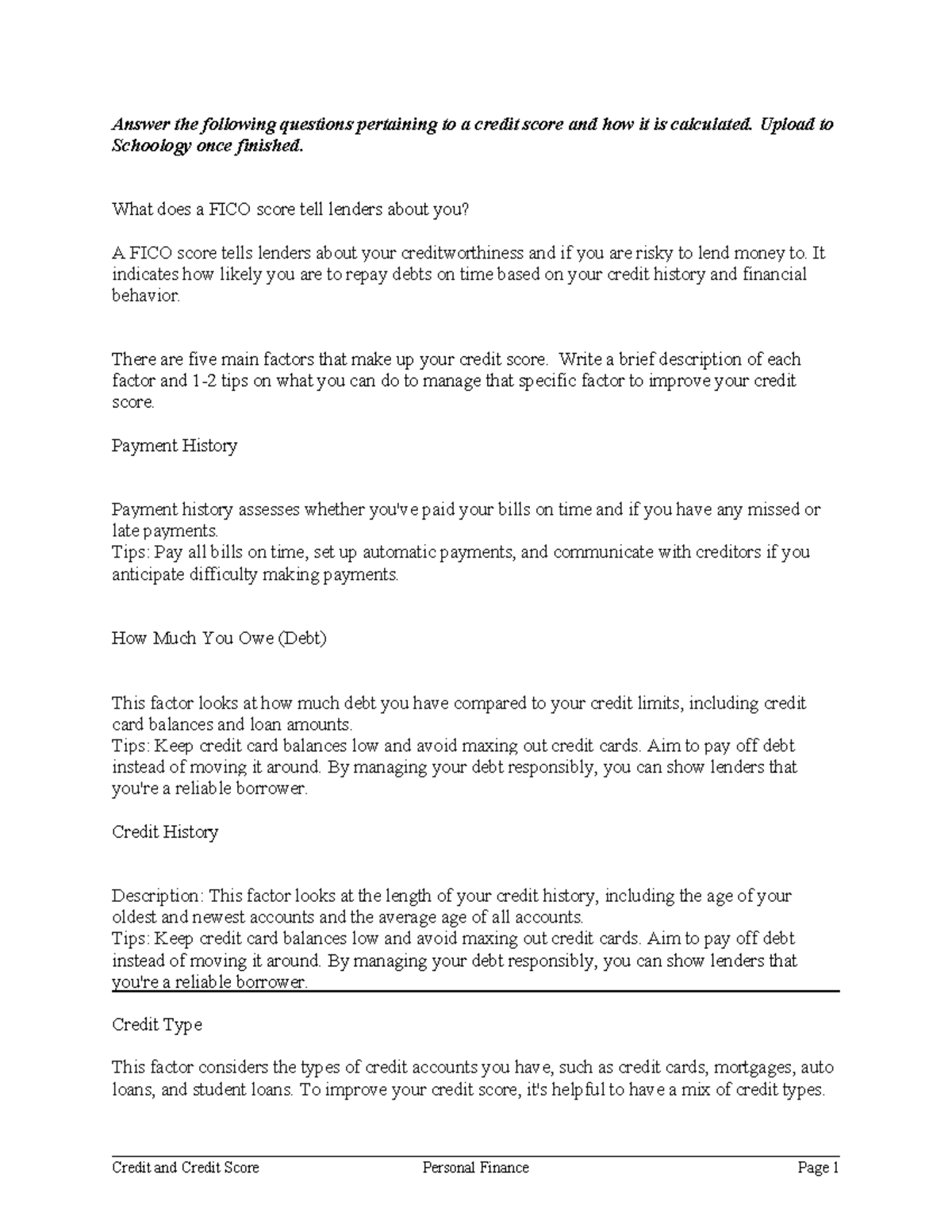 Credit Report and Score Management Worksheet (Personal Finance) - Studocu