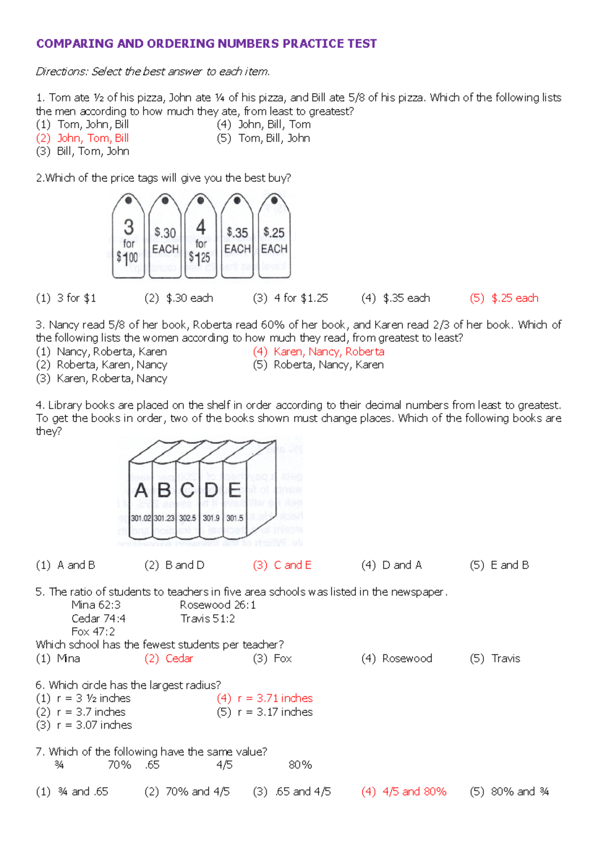 Comparing and Ordering Numbers Practice Test (Math 101) - Studocu