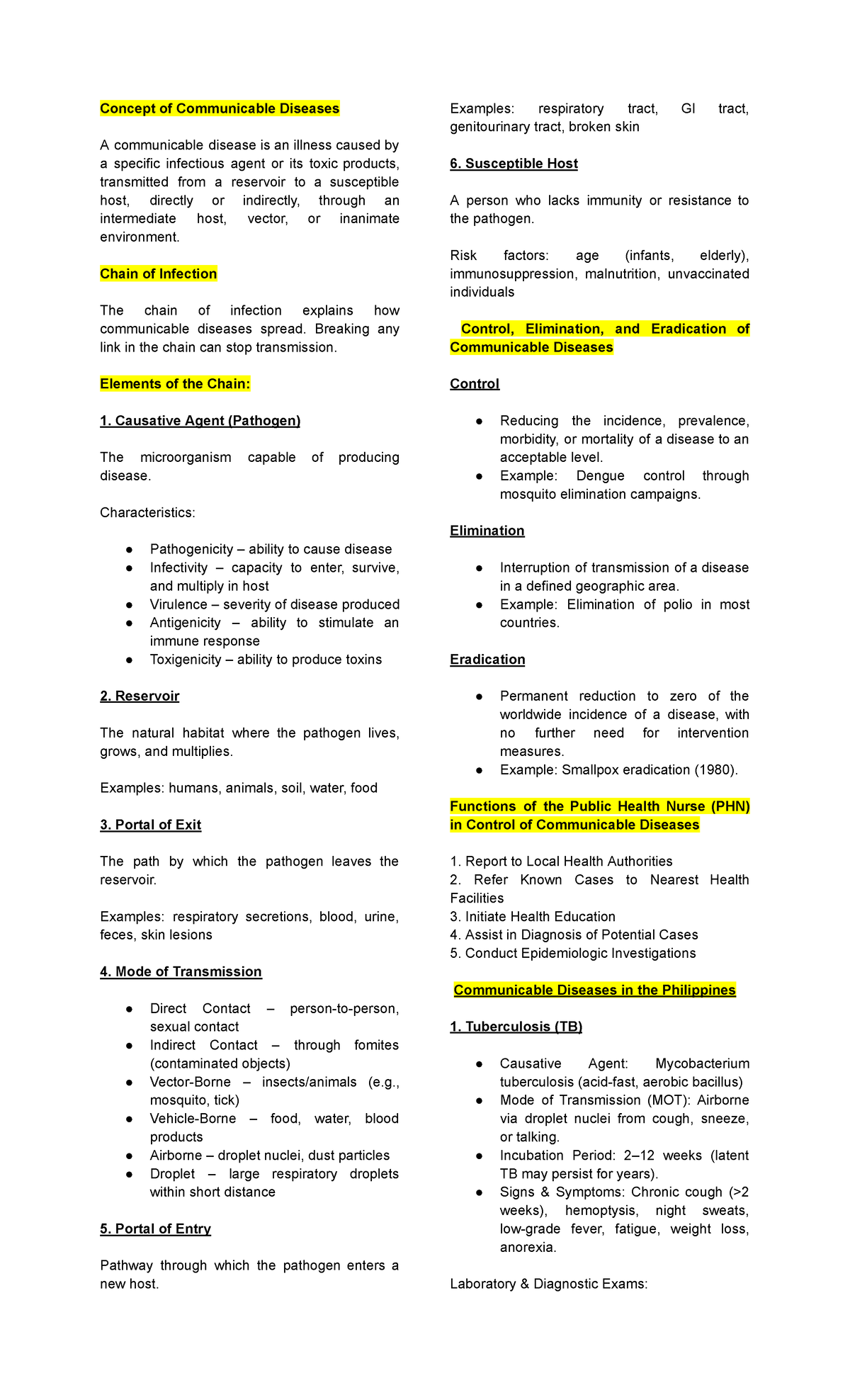 CD REV - Communicable Diseases Overview and Nursing Management - Studocu
