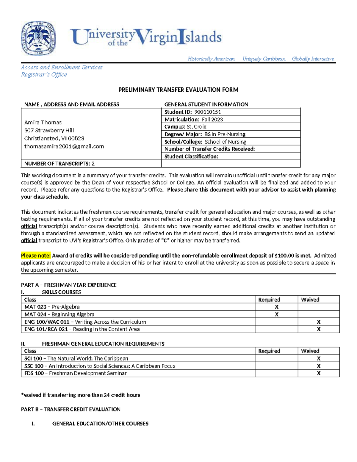 BS in Nursing Transfer Evaluation for Amira Thomas (Fall 2023) - Studocu