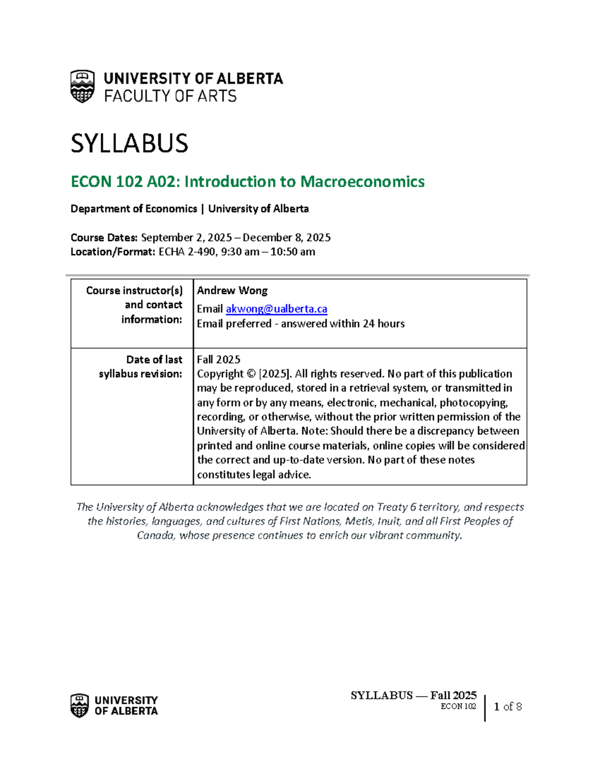 Syllabus for ECON 102 A02: Intro to Macroeconomics - Fall 2025 - Studocu