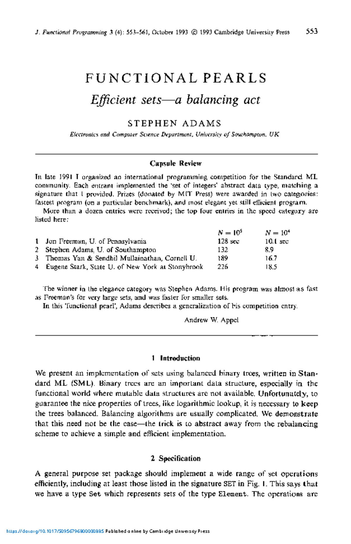 Functional Pearls: Efficient Sets Balancing Act in J. Functional ...
