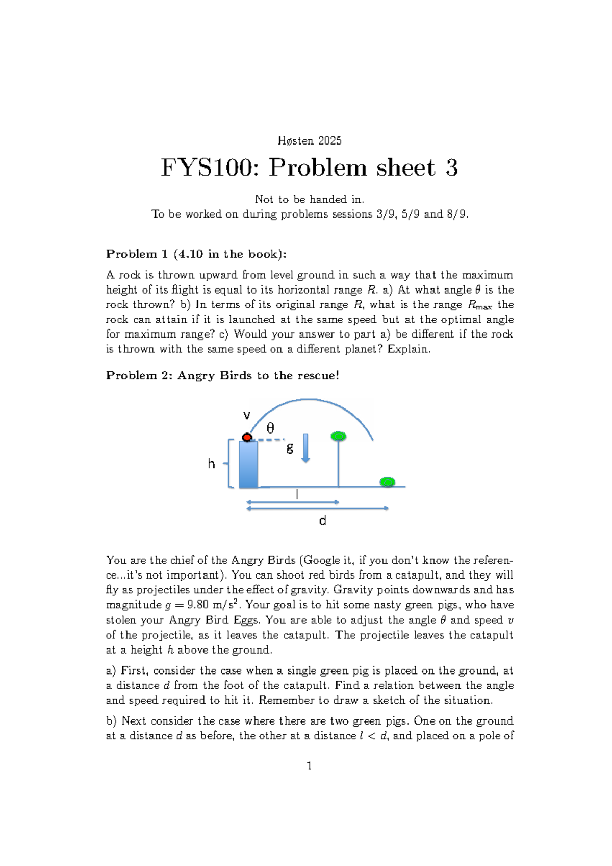 Problem Sheet 3 - FYS100: Projectile Motion and Gravity Challenges ...