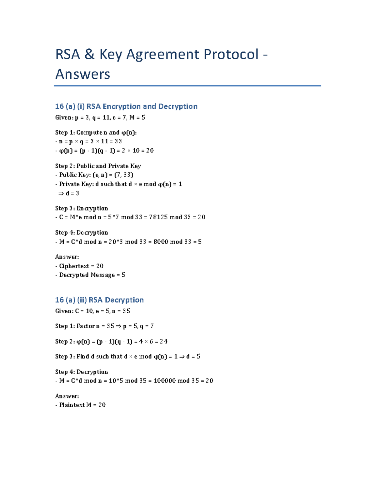 RSA Key Agreement Protocol Answers for Exam 16 - Studocu