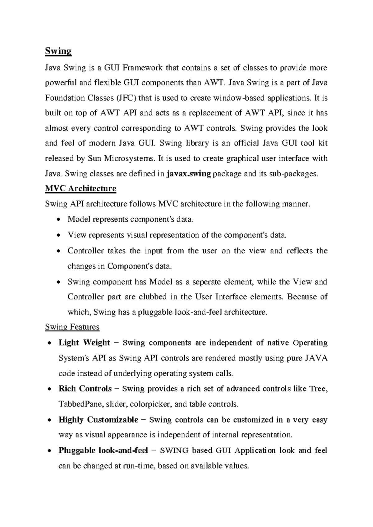 Module 4 - Lecture notes on Java programming - Swing Java Swing is a ...