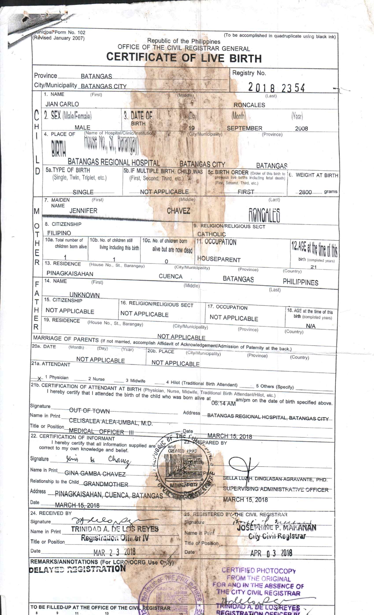 Certificate of Live Birth - Municipal Form No. 102 (Revised 2007) - Studocu