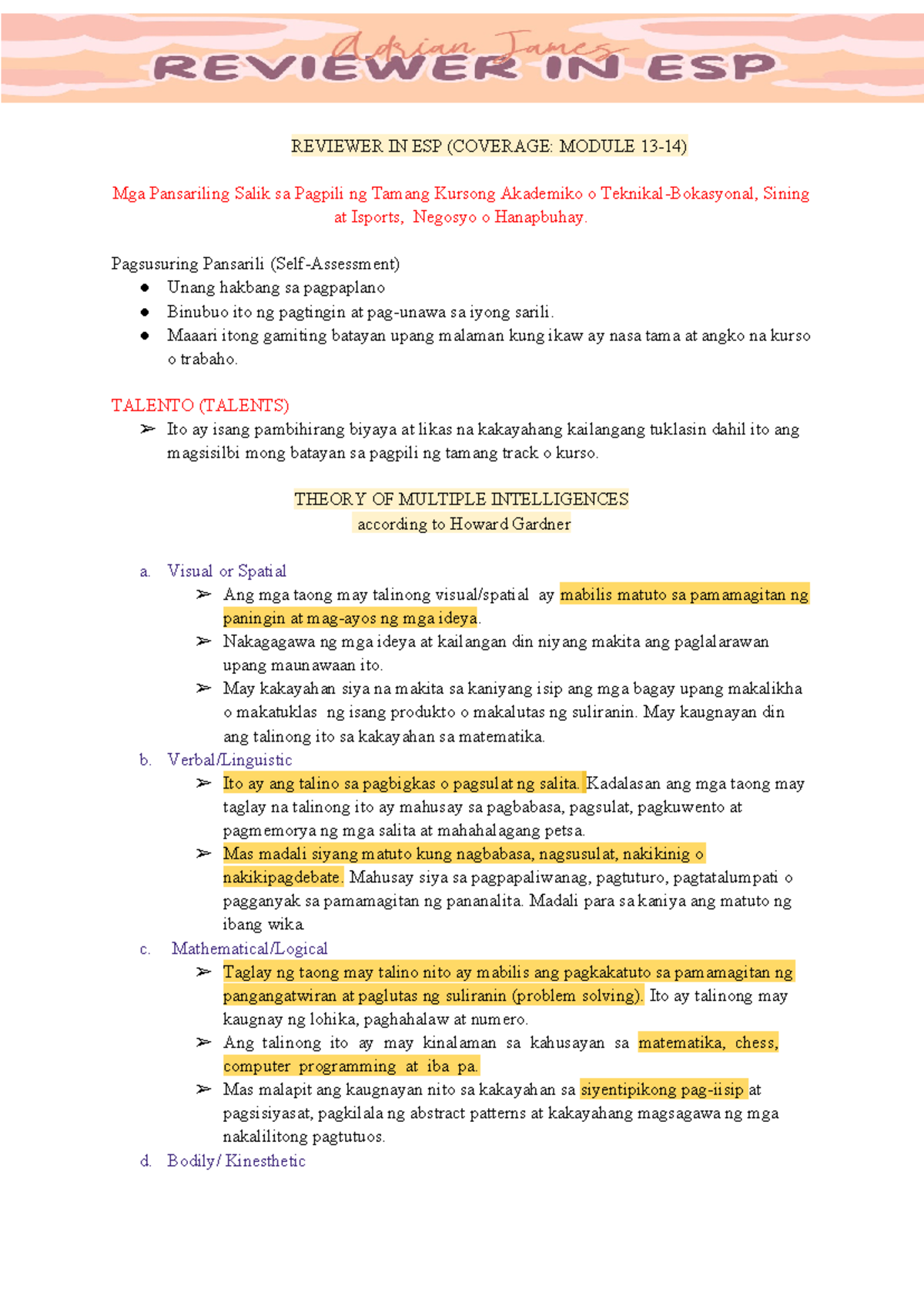 Reviewer sa ESP (Module 13-14 Coverage at Personal Assessment) - Studocu