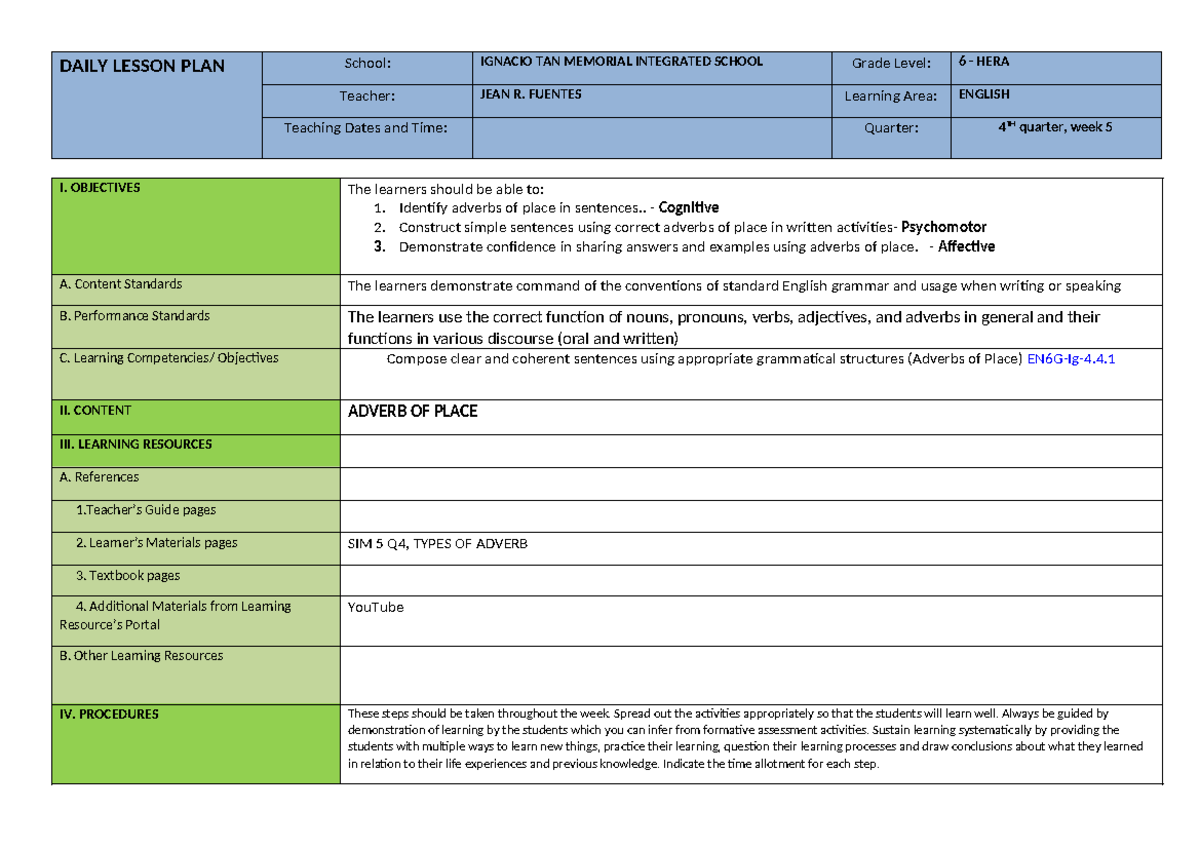 Final Daily Lesson Plan (DLP) for CO2: Adverbs of Place - 4th Quarter ...