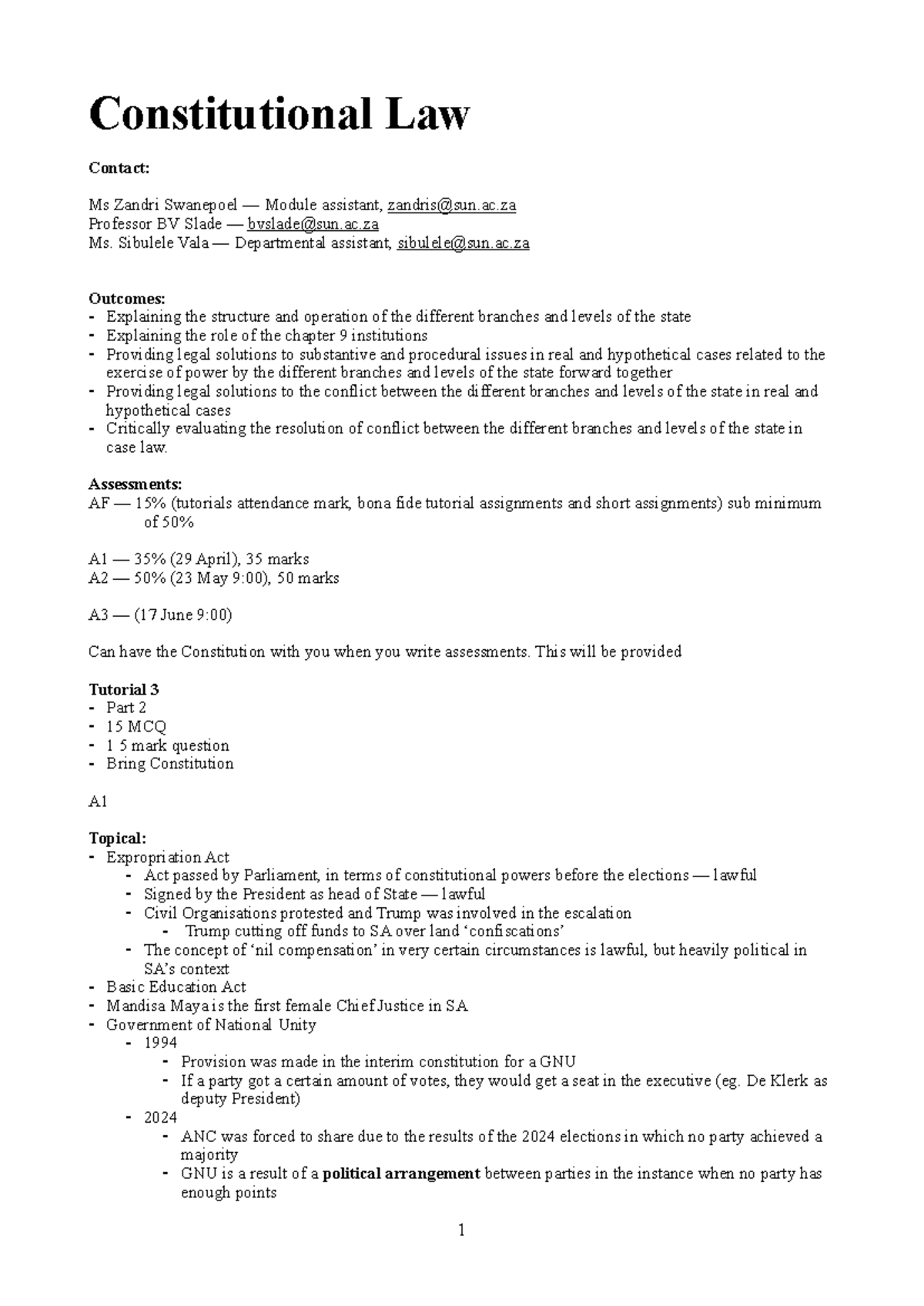 Constitutional Law 214 Final Exam Notes: Separation of Powers ...