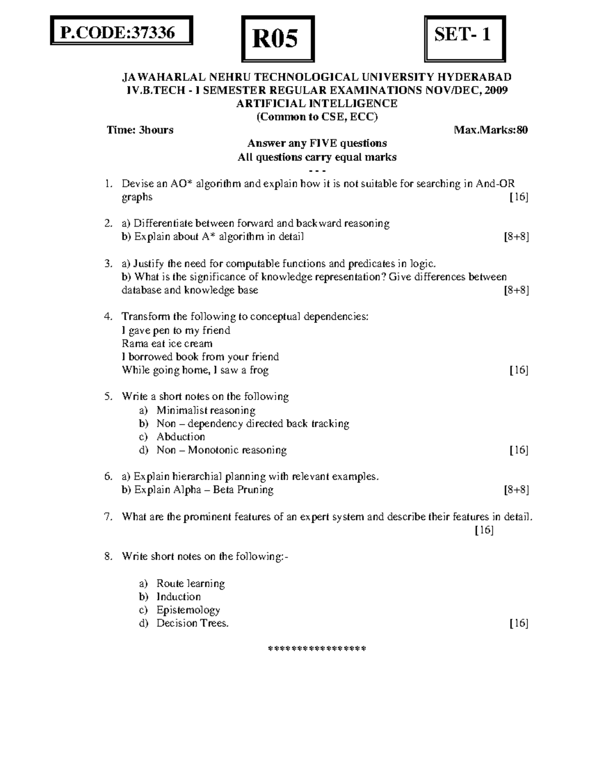 AI 37336 R05 Last Year QP - IV B.Tech I Sem Regular Exam 2009 - Studocu