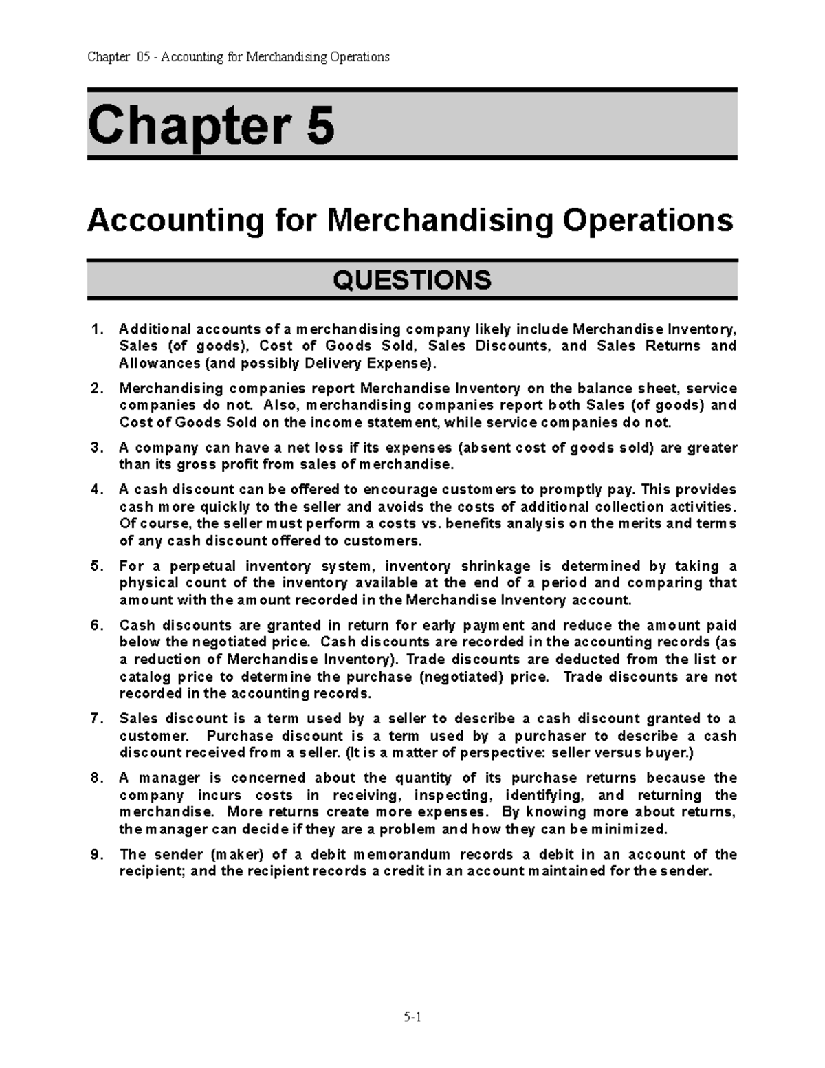 Chapter 5 - Accounting for Merchandising Operations and Key Concepts ...