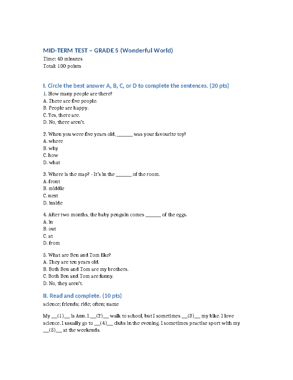 Midterm Test Grade 5: Wonderful World Assessment - Studocu