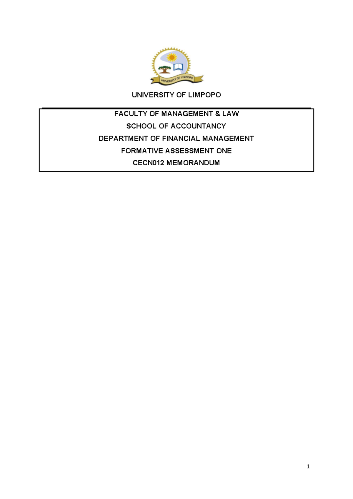 CECN012 Formative Assessment 1 Memo - August 2024 - Studocu