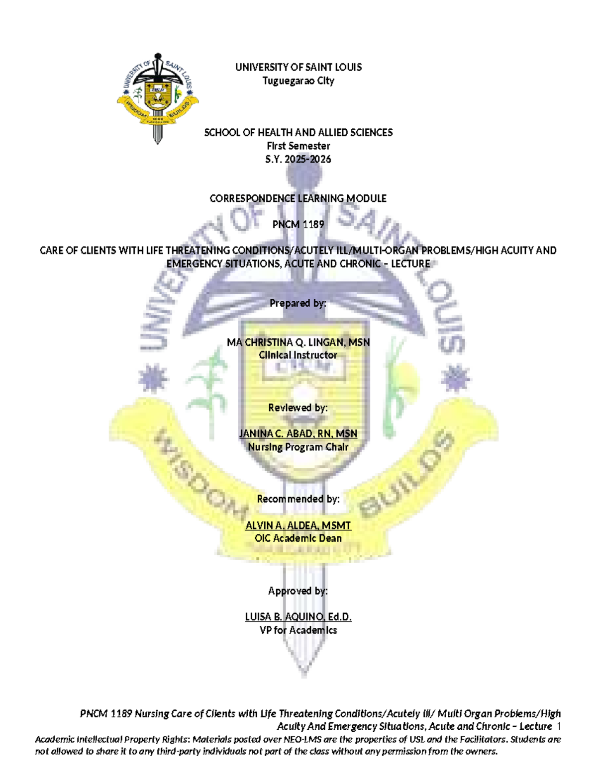 PNCM 1189 Week 5 Critical Care Nursing Lecture Notes - Studocu