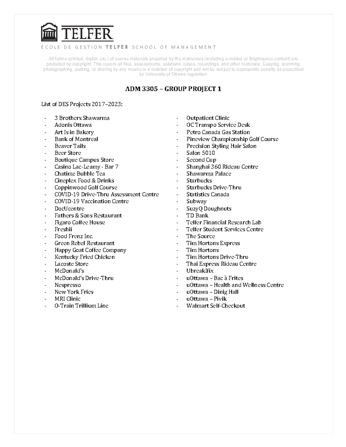 ADM 3305 Group Project: List of DES Projects (2017-2023) - Studocu