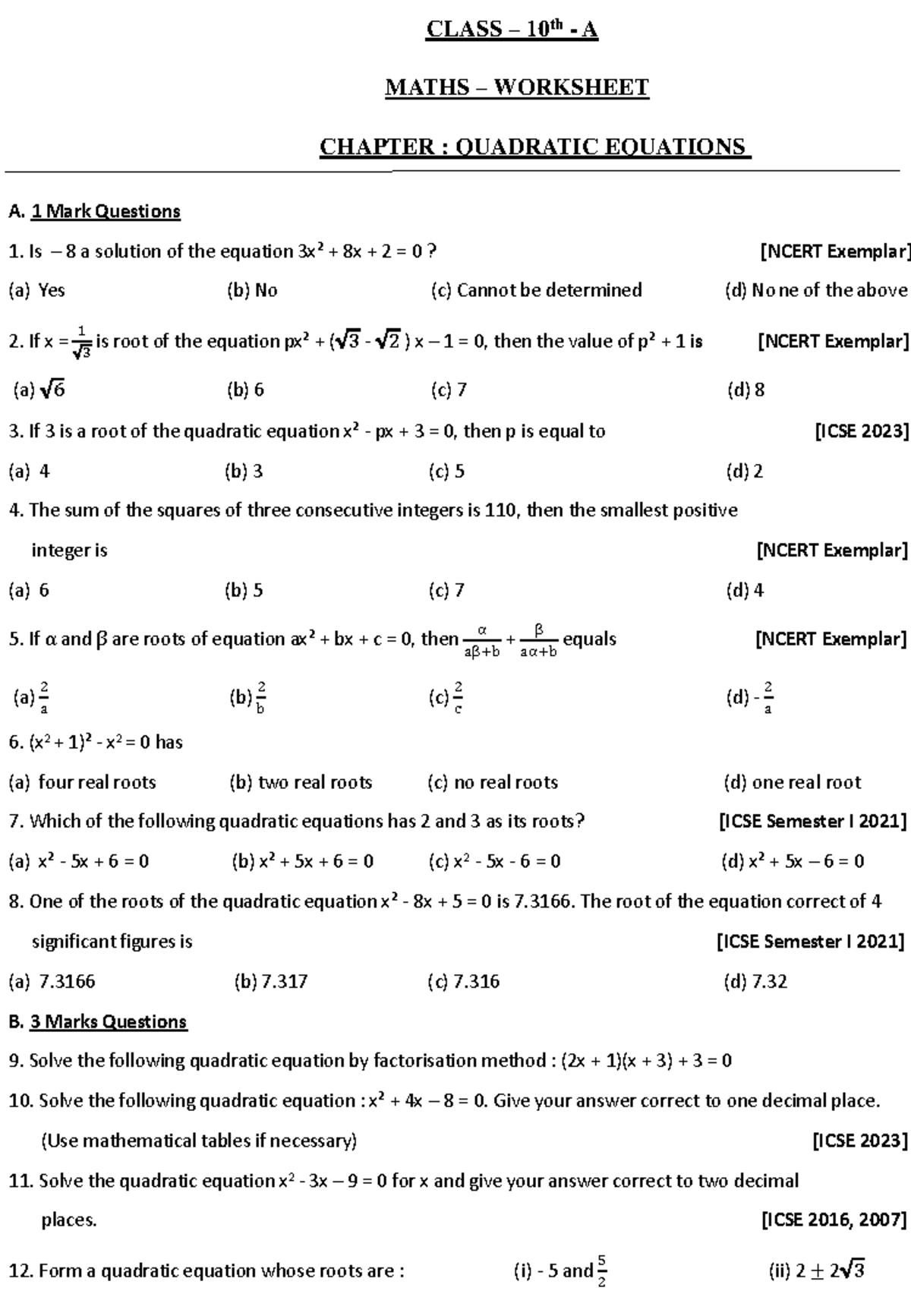 CLASS 10 A MATHS WORKSHEET: QUADRATIC EQUATIONS - Studocu