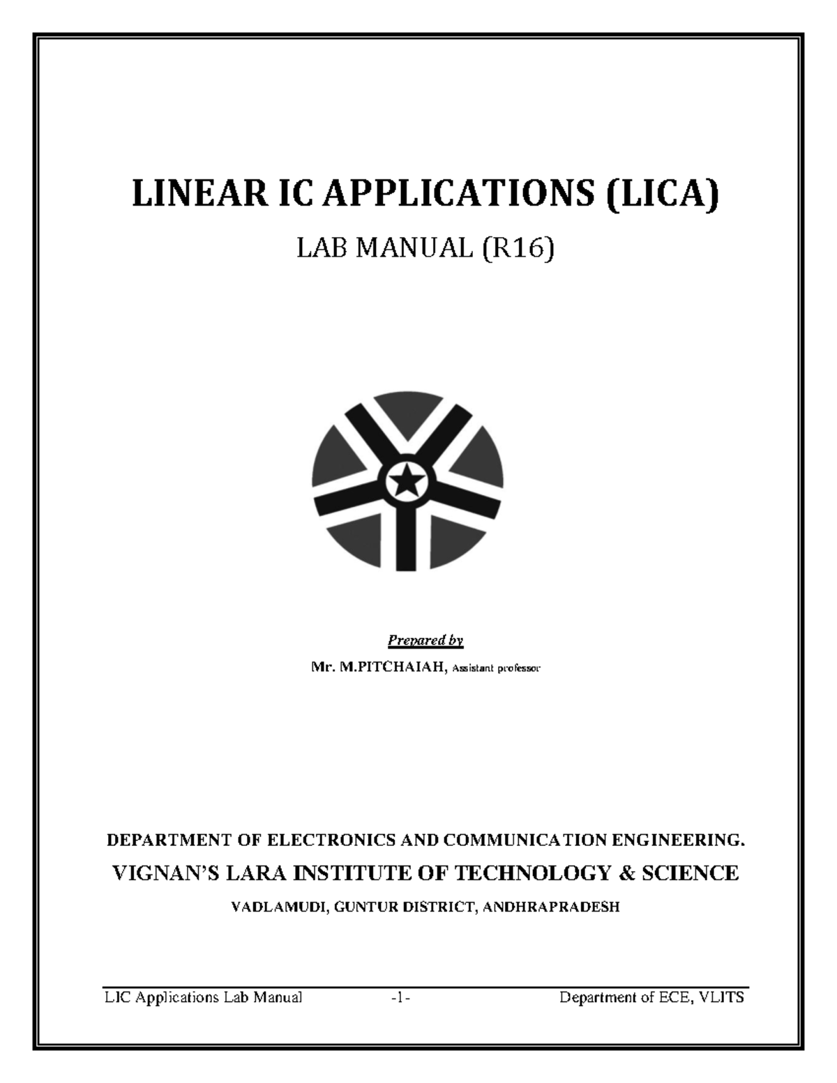 LICA - R16 Lab Manual: Experiments & Analysis on Op-Amps and ICs - Studocu