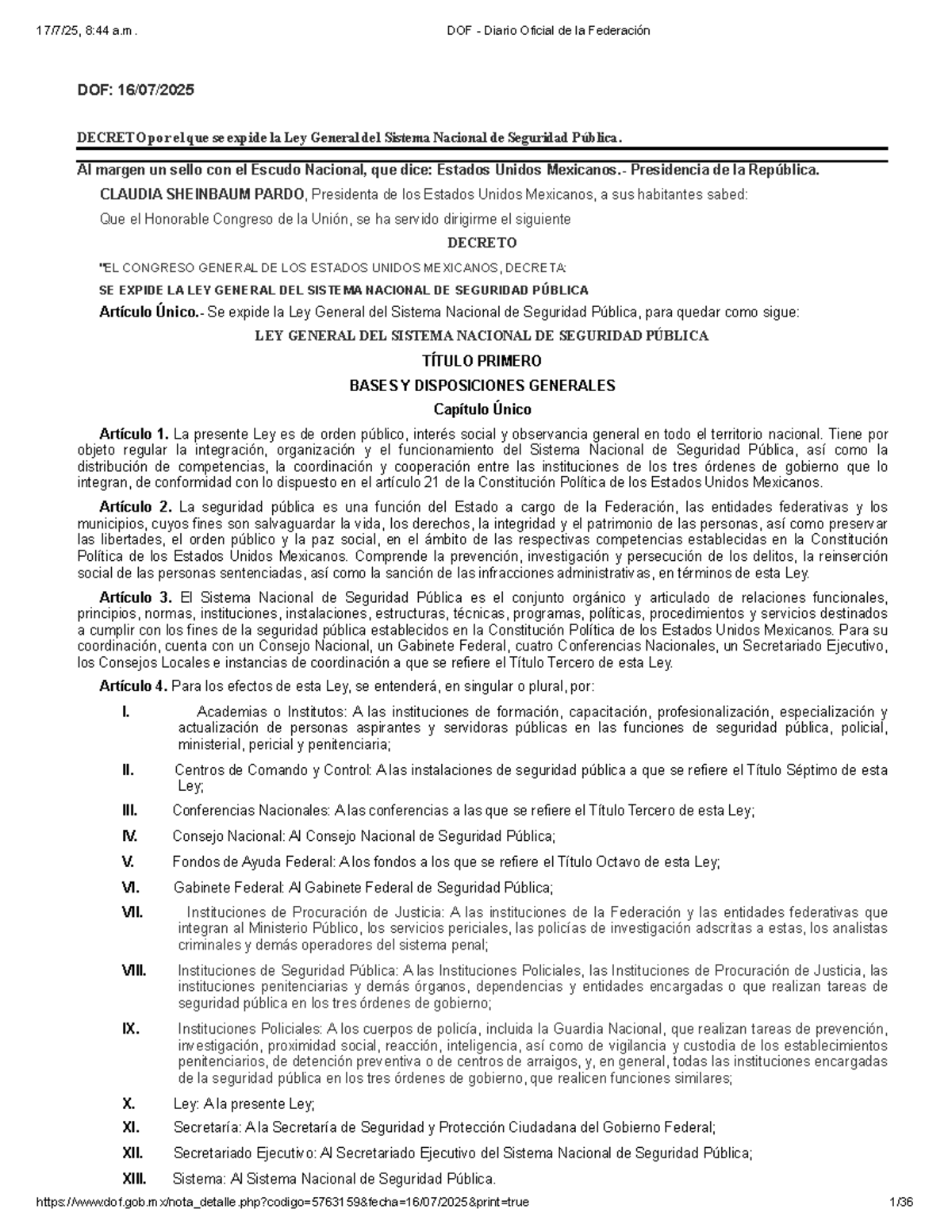 Ley General del Sistema Nacional de Seguridad Pública - DOF 16 JUL 2025 ...