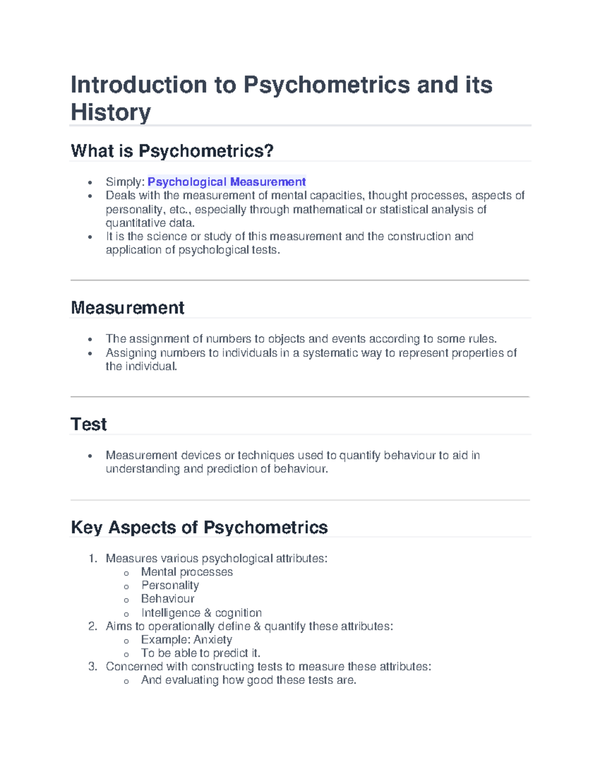 Psychometrics Lecture Notes: Understanding Measurement in Psychology ...