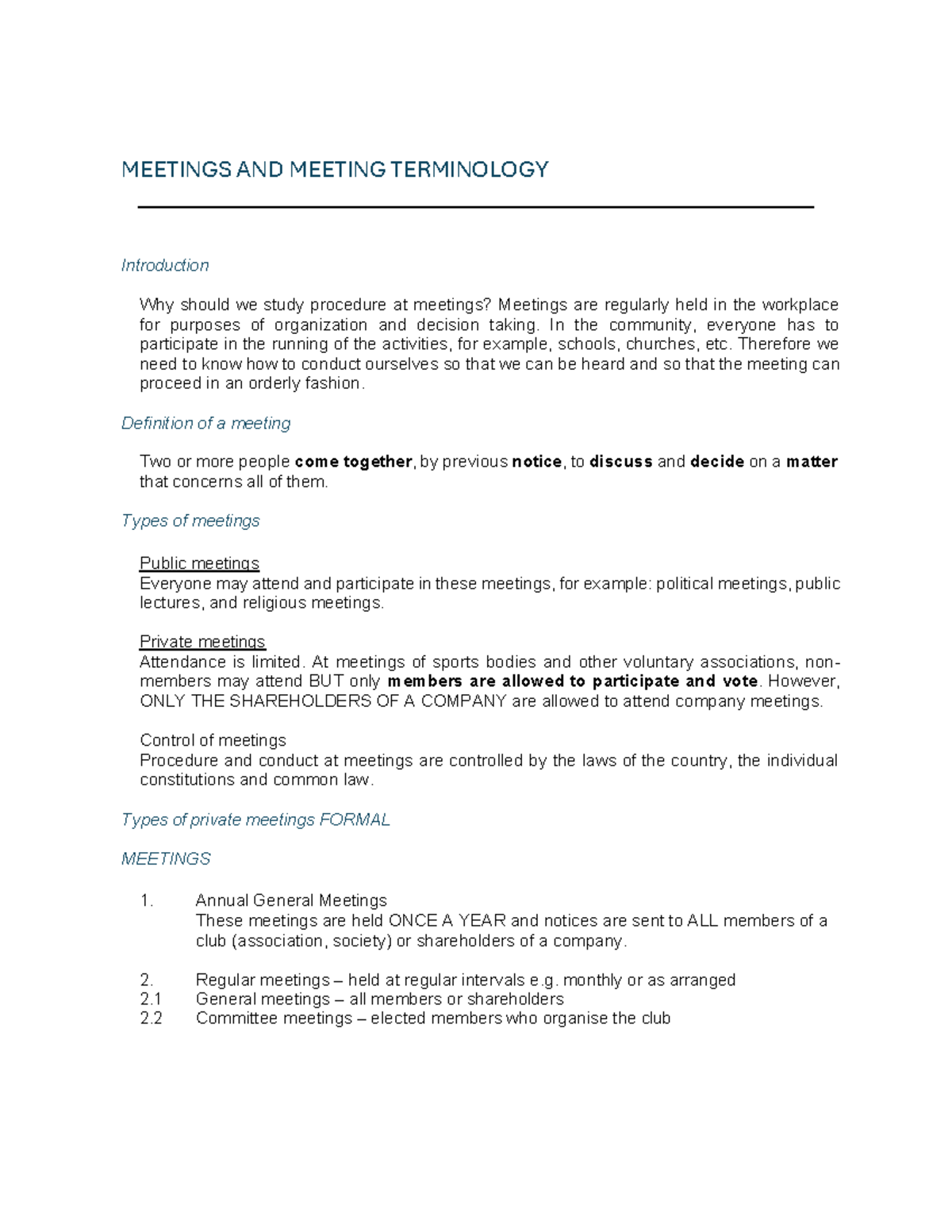 MEETINGS AND MEETING TERMINOLOGY: A Comprehensive Guide - Studocu