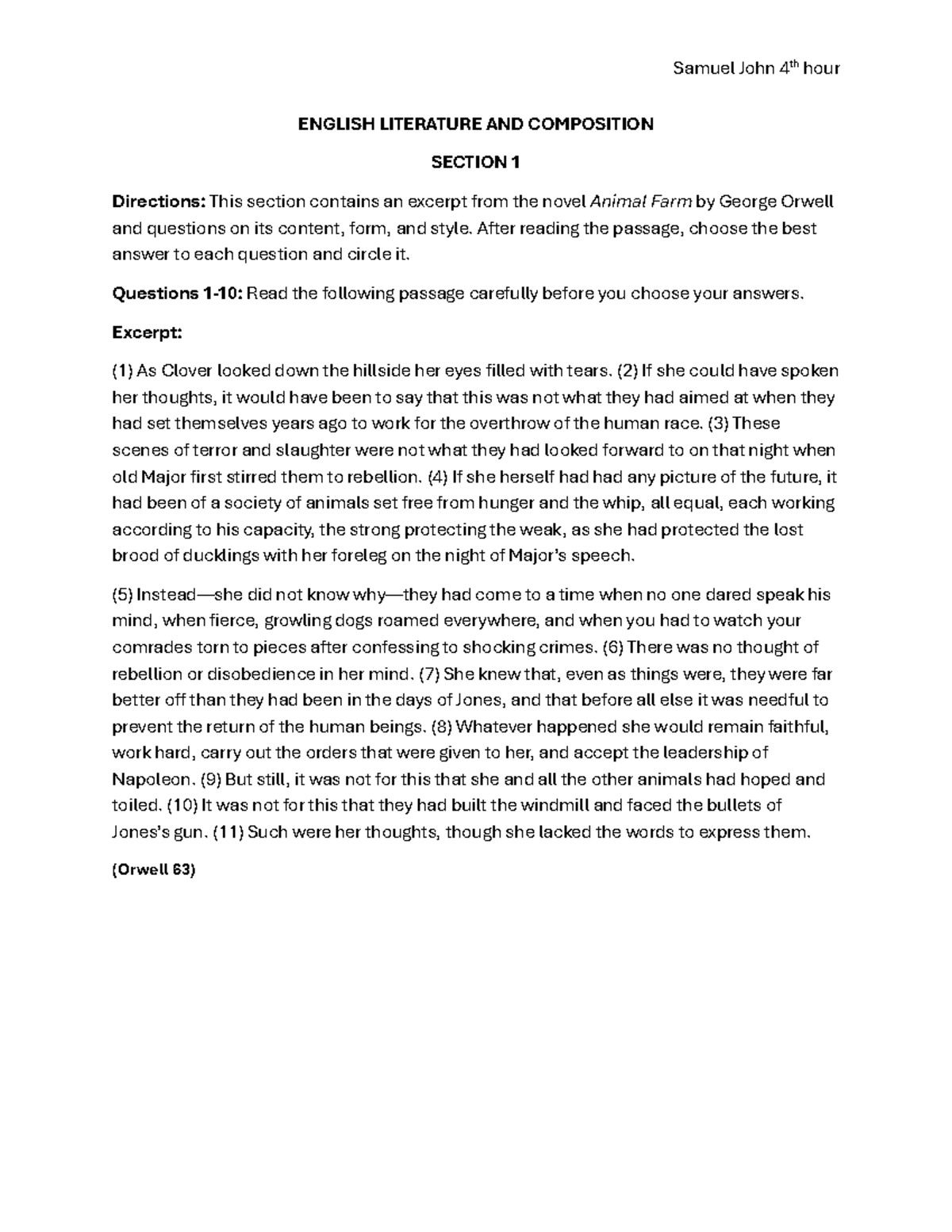 Animal Farm AP English Literature MCQs - Samuel John 4th Hour - Studocu