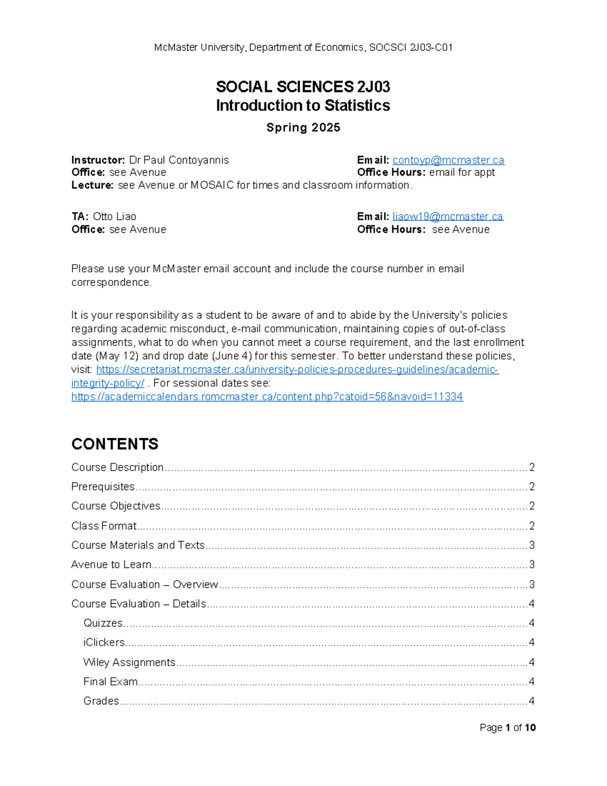 Socsci 2J03 C01 Introduction to Statistics Course Outline - Spring 2025 ...