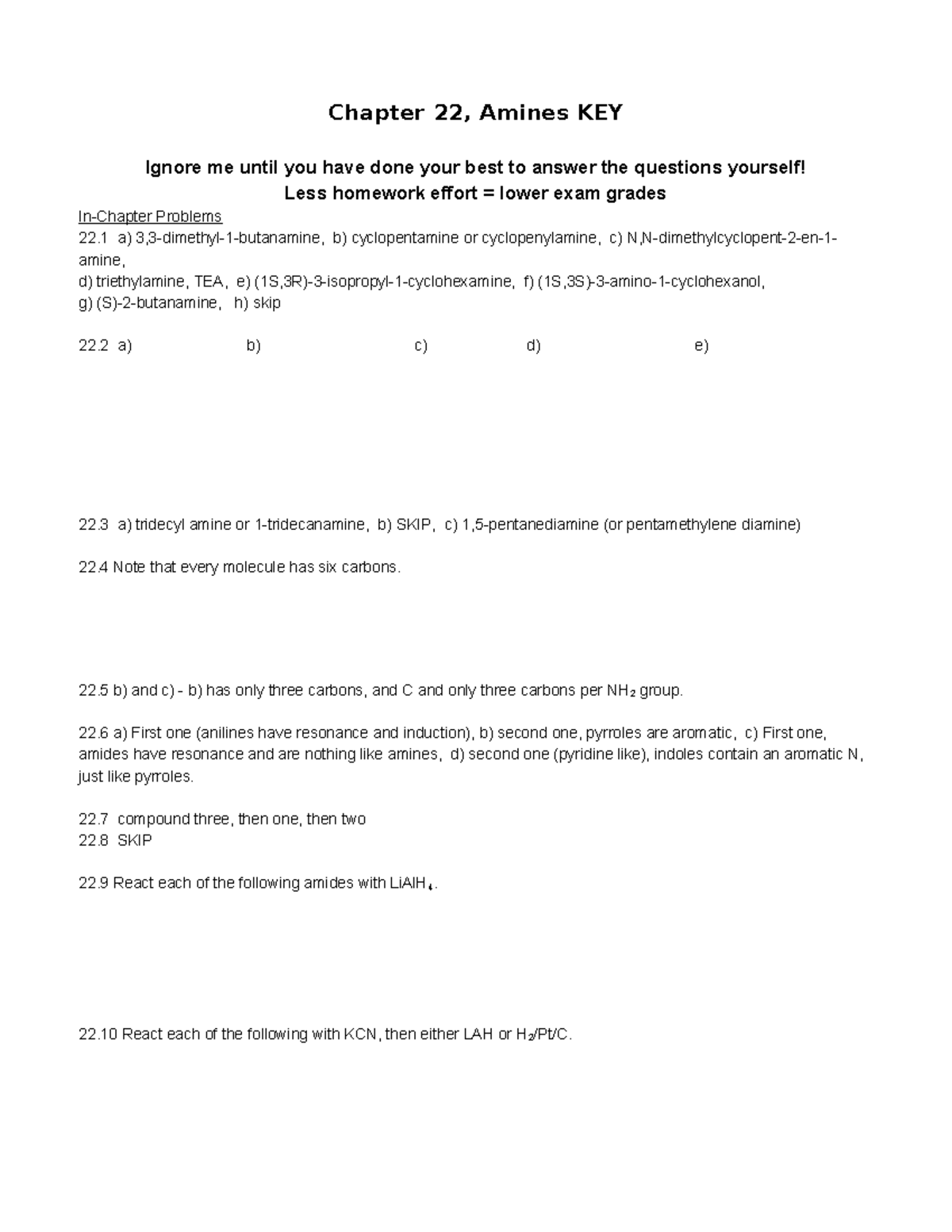 CHEM 224 Chapter 22, Amines Textbook Problems Answer KEY - Studocu