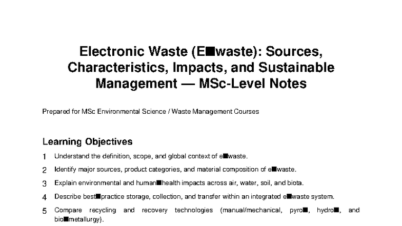 MSc Environmental Science: E-Waste Generation & Management Notes - Studocu