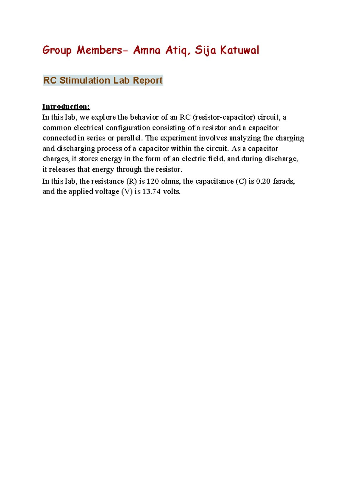 RC stimulation lab report: Analyzing charging and discharging behavior ...