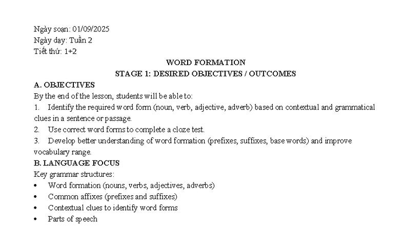 TN Tuần 2,3 - Lesson Plan: Word Formation & Order - Studocu