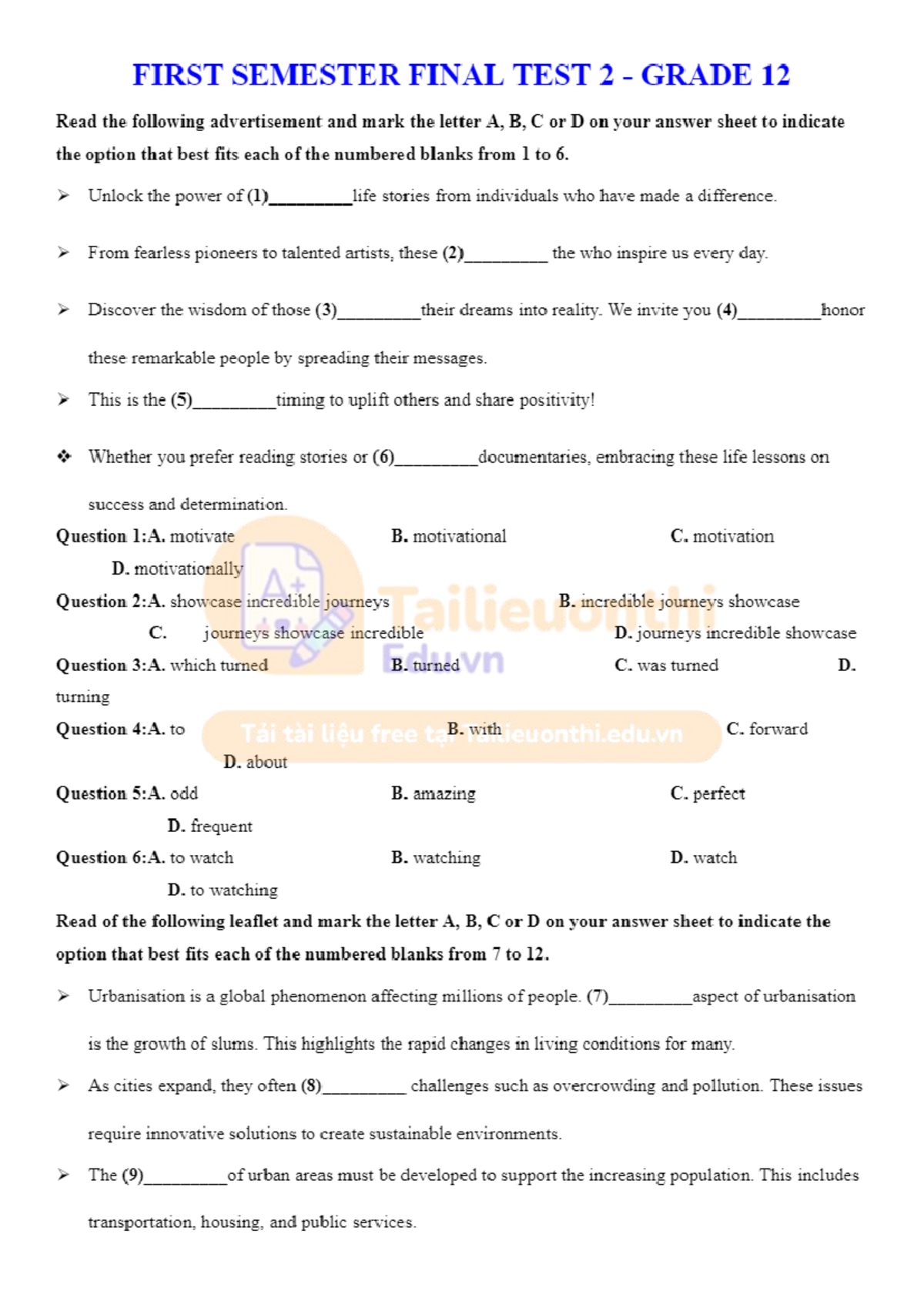 First Semester Final Exam TEST 2 - Grade 12 - Reading Comprehension ...