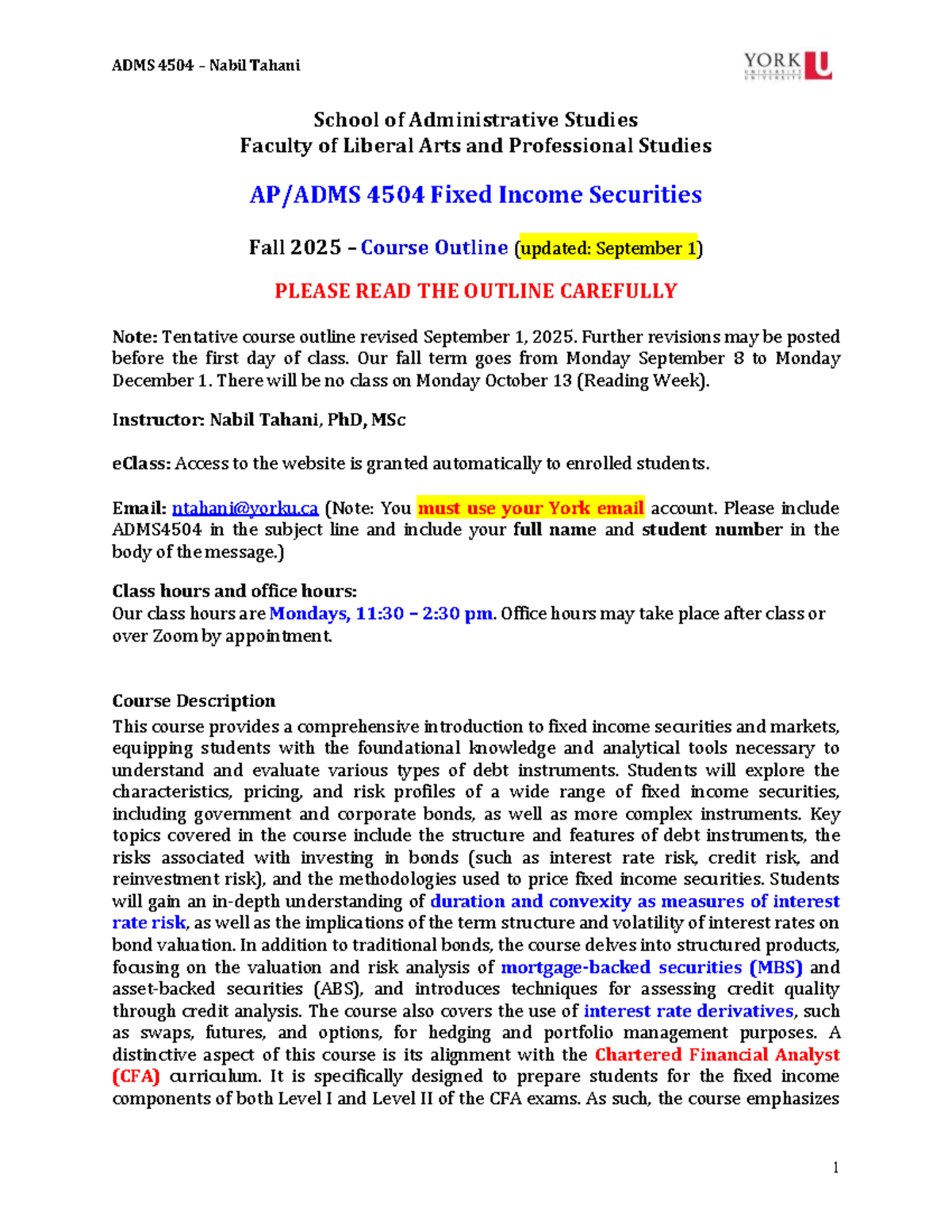 Course Outline for ADMS 4504: Fixed Income Securities - Fall 2025 - Studocu