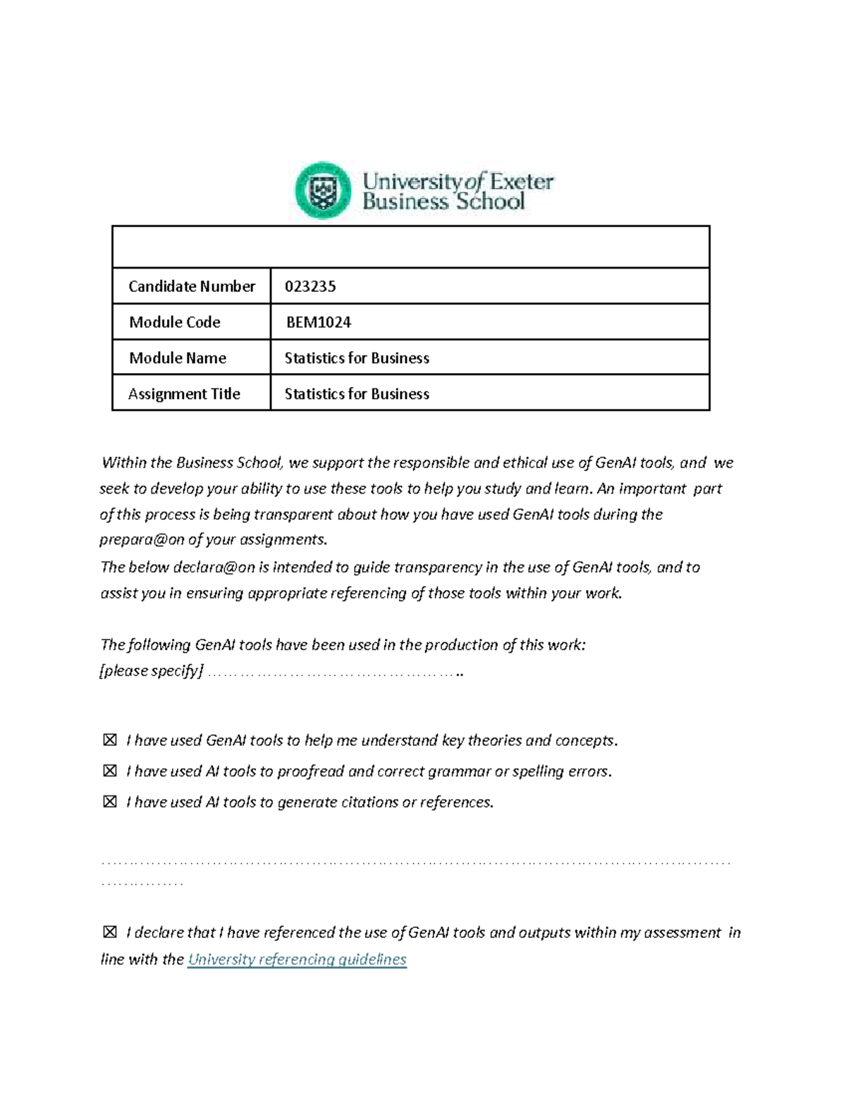 BEM1024 Statistics for Business Assignment Cover Sheet and Guidelines ...