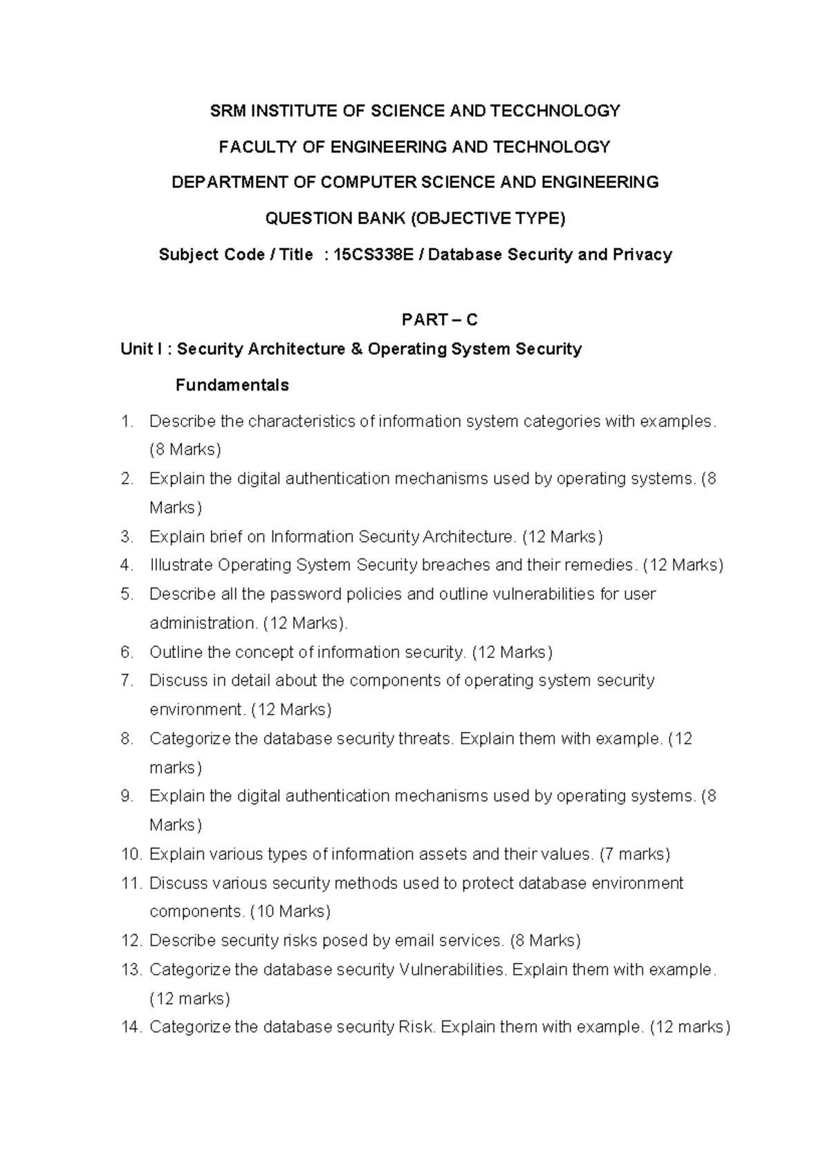 15CS338E Question Bank: Database Security & Privacy (12 Marks) - Studocu