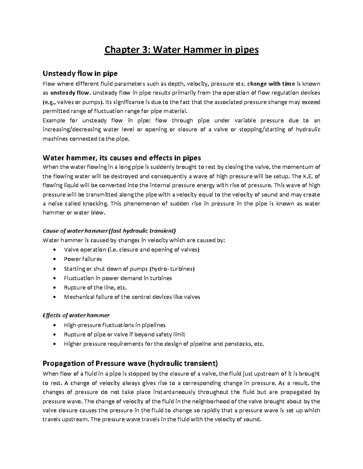 Chapter 3: Water Hammer in Pipes - Unsteady Flow Dynamics - Studocu