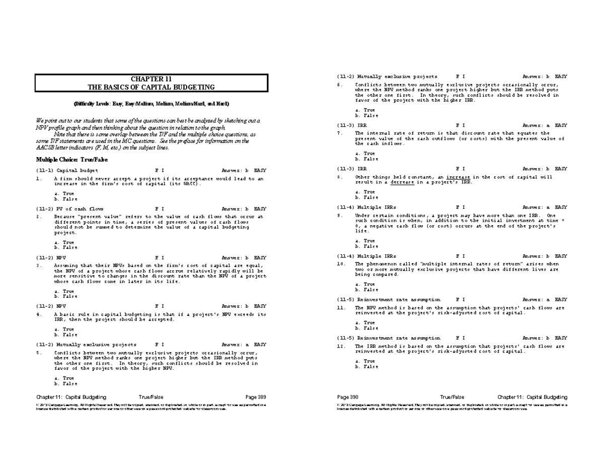 CHAP 11 - Capital Budgeting True/False Questions and Answers - Studocu