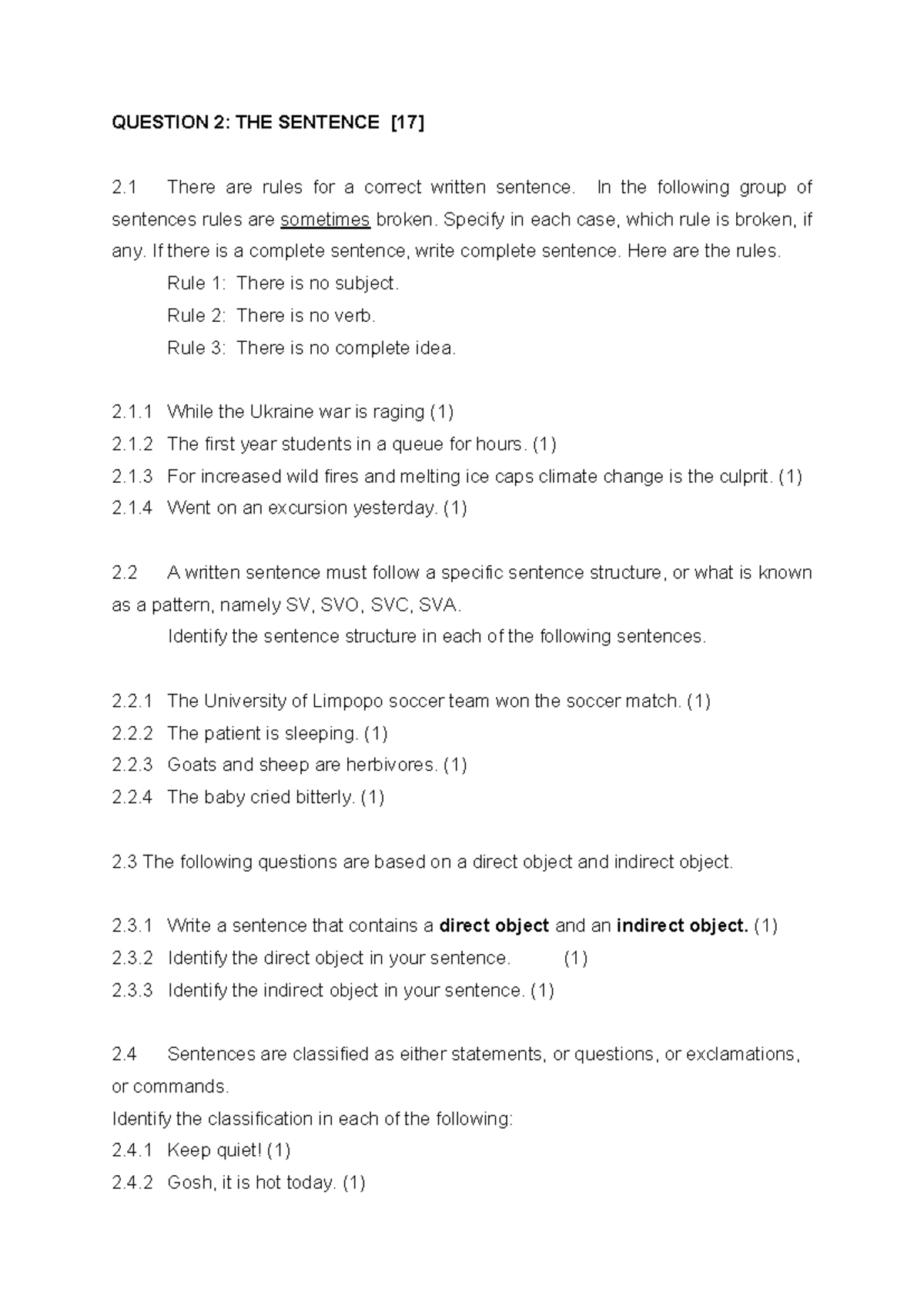HFEB000 Final Exam Sentence Structure Exercises - 28 February 2024 ...