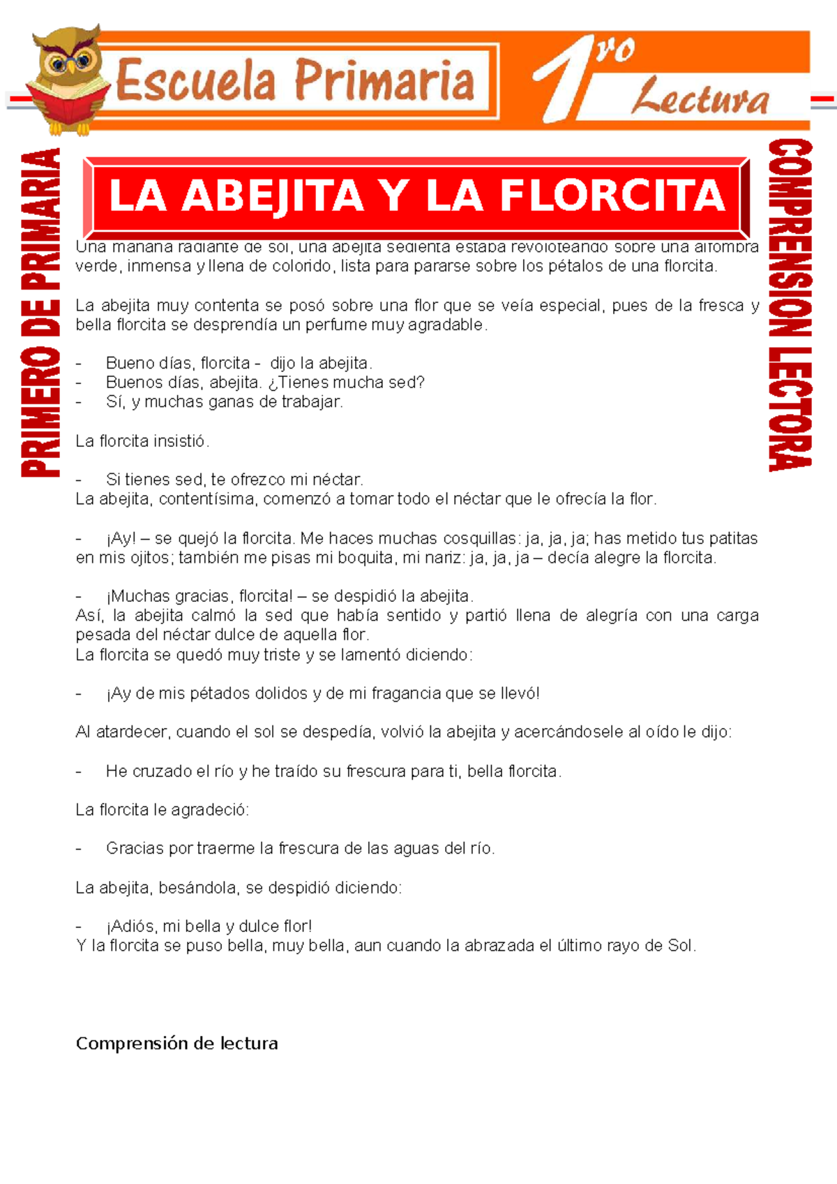 La Abejita y la Florcita: Comprensión de Lectura para 1er Grado - Studocu
