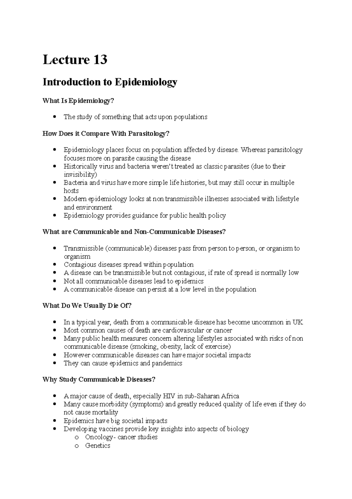 Lecture 12 Intro to epidemiology - Lecture 13 Introduction to ...
